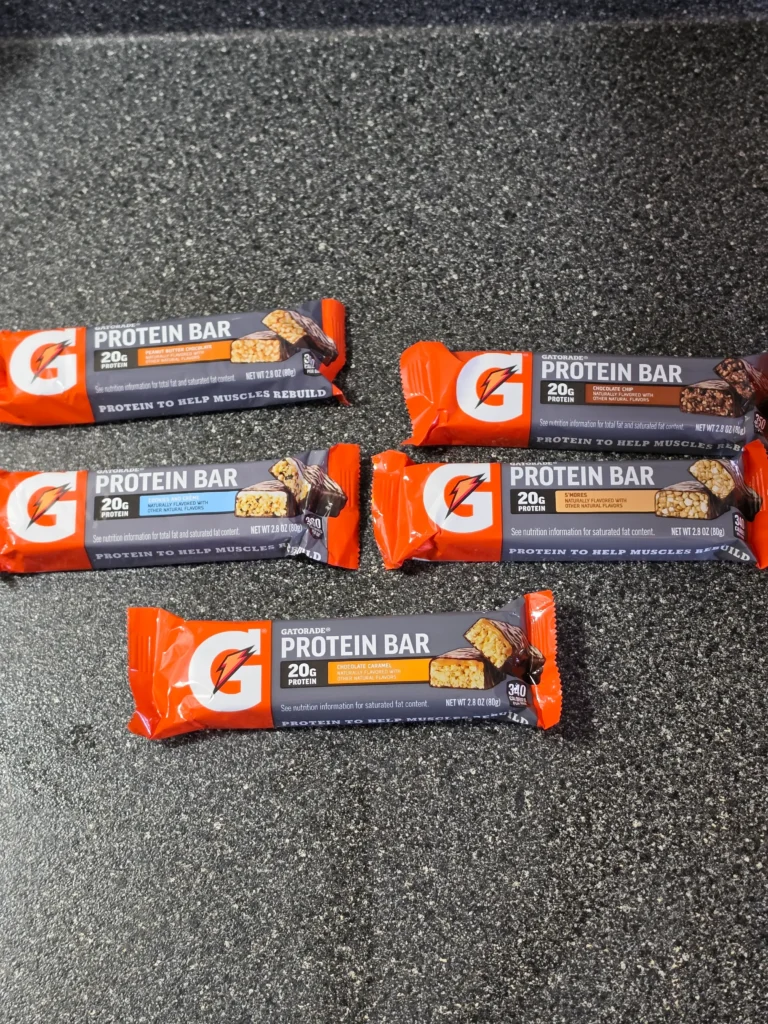 Gatorade Protein Bars: Peanut Butter Chocolate, Cookies and Creme, Chocolate Caramel, S'mores, and Chocolate Chip.