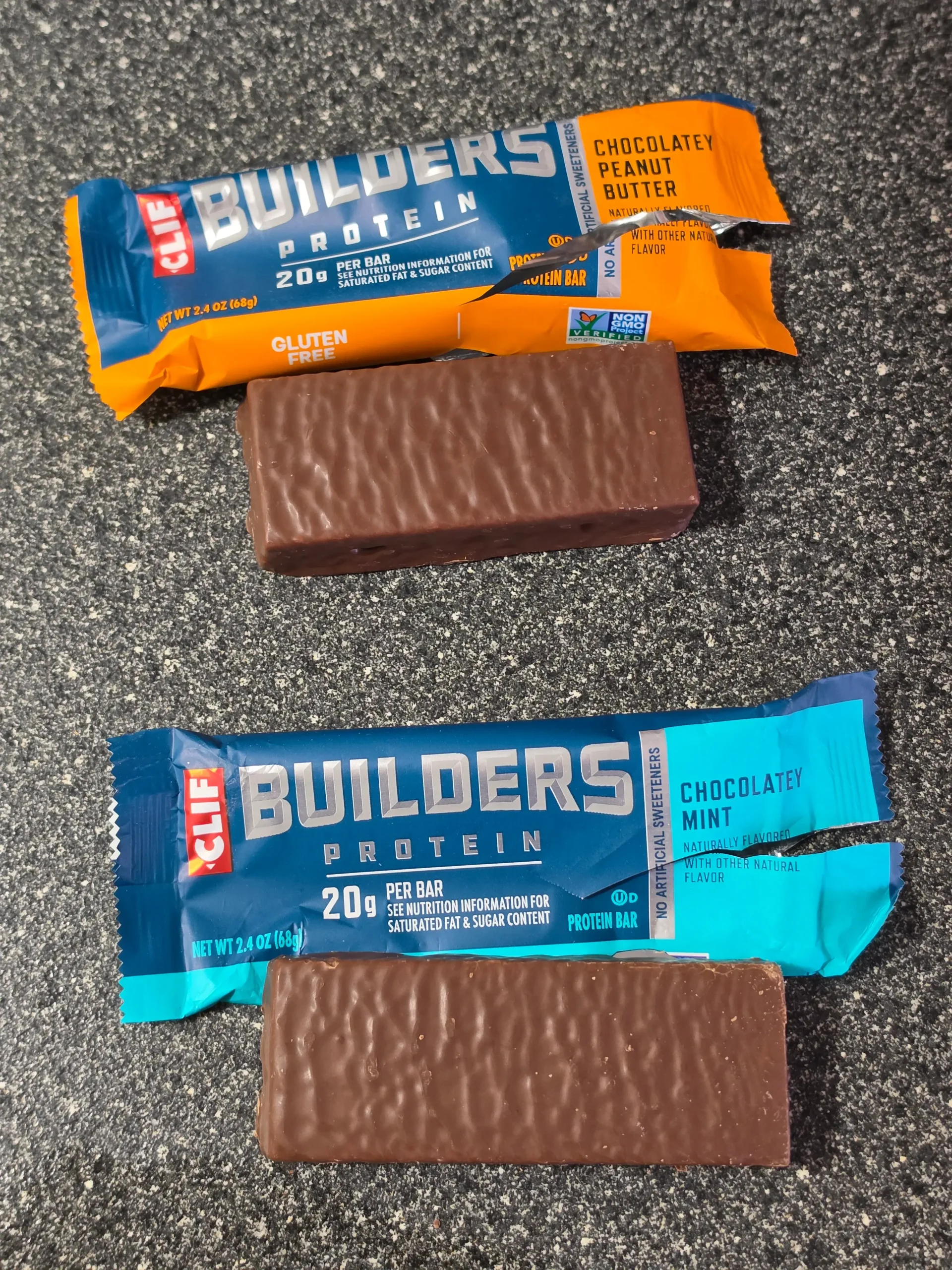 CLIF Builders Protein Bars: Chocolatey Mint and Chocolatey Peanut Butter.