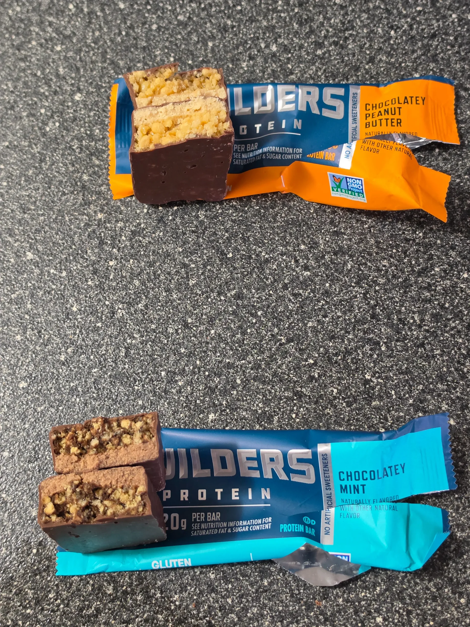 CLIF Builders Protein Bars: Chocolatey Mint and Chocolatey Peanut Butter.