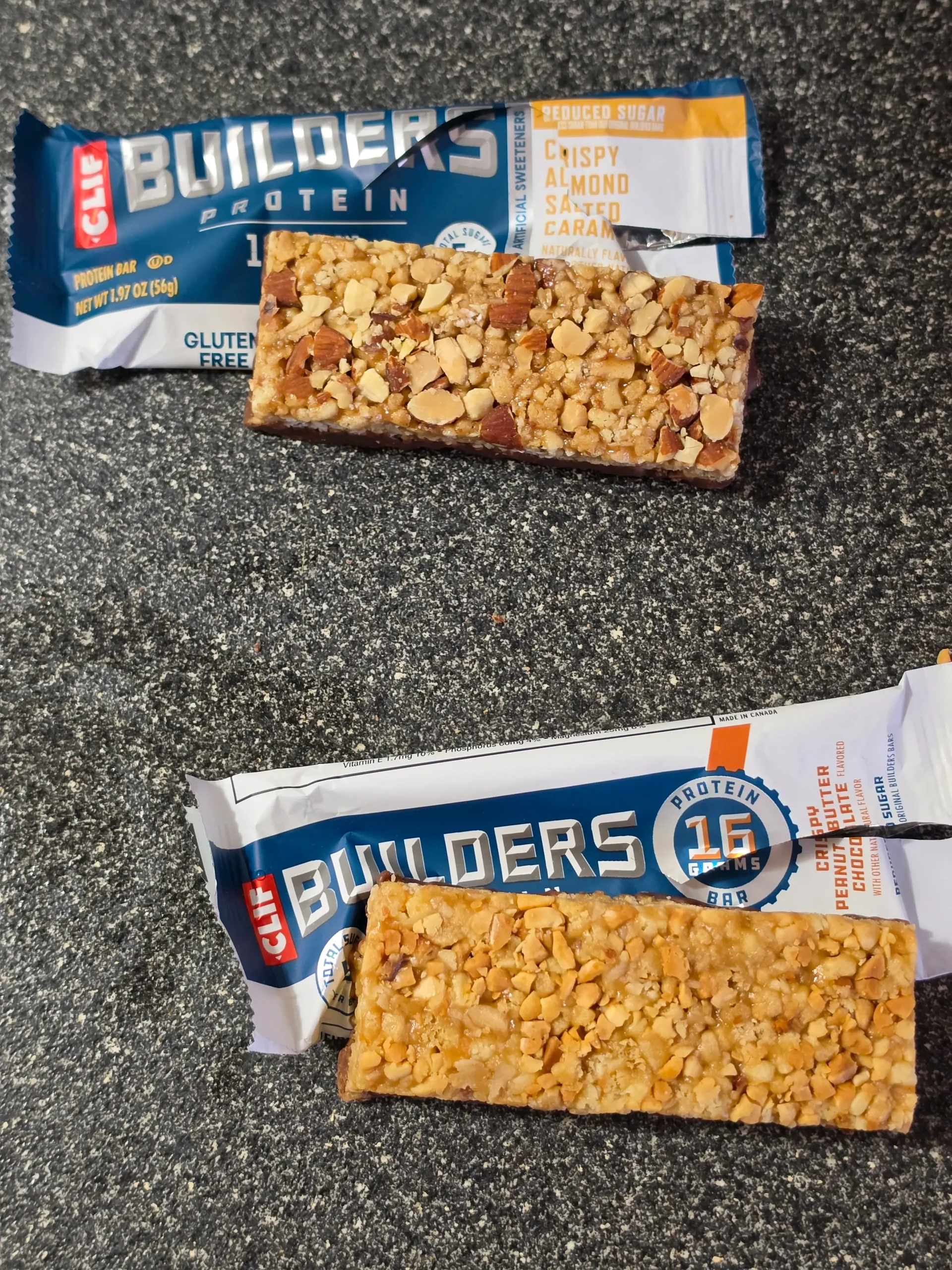 CLIF Builders Crispy Almond Salted Caramel and Crispy Peanut Butter Chocolate Protein Bars.