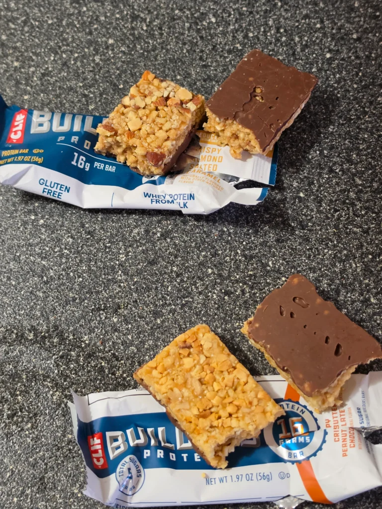 CLIF Builders Crispy Almond Salted Caramel and Crispy Peanut Butter Chocolate Protein Bars.