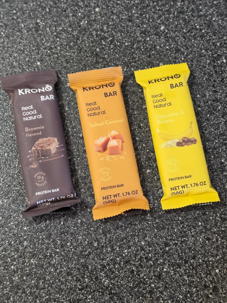Krono Protein Bar, Brownie, Salted Caramel, and Chocolate & Banana.