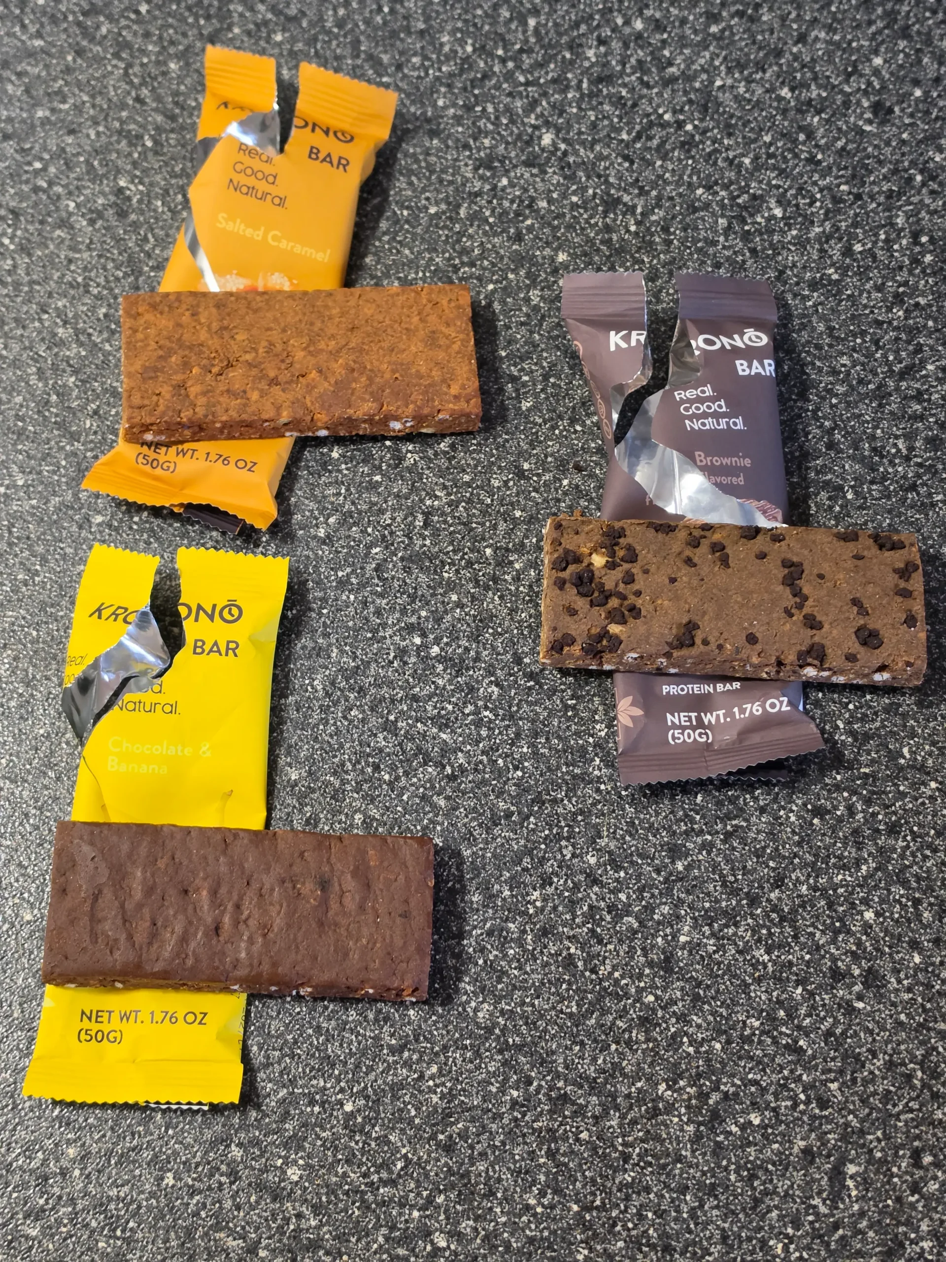 Krono Protein Bar, Brownie, Salted Caramel, and Chocolate & Banana.
