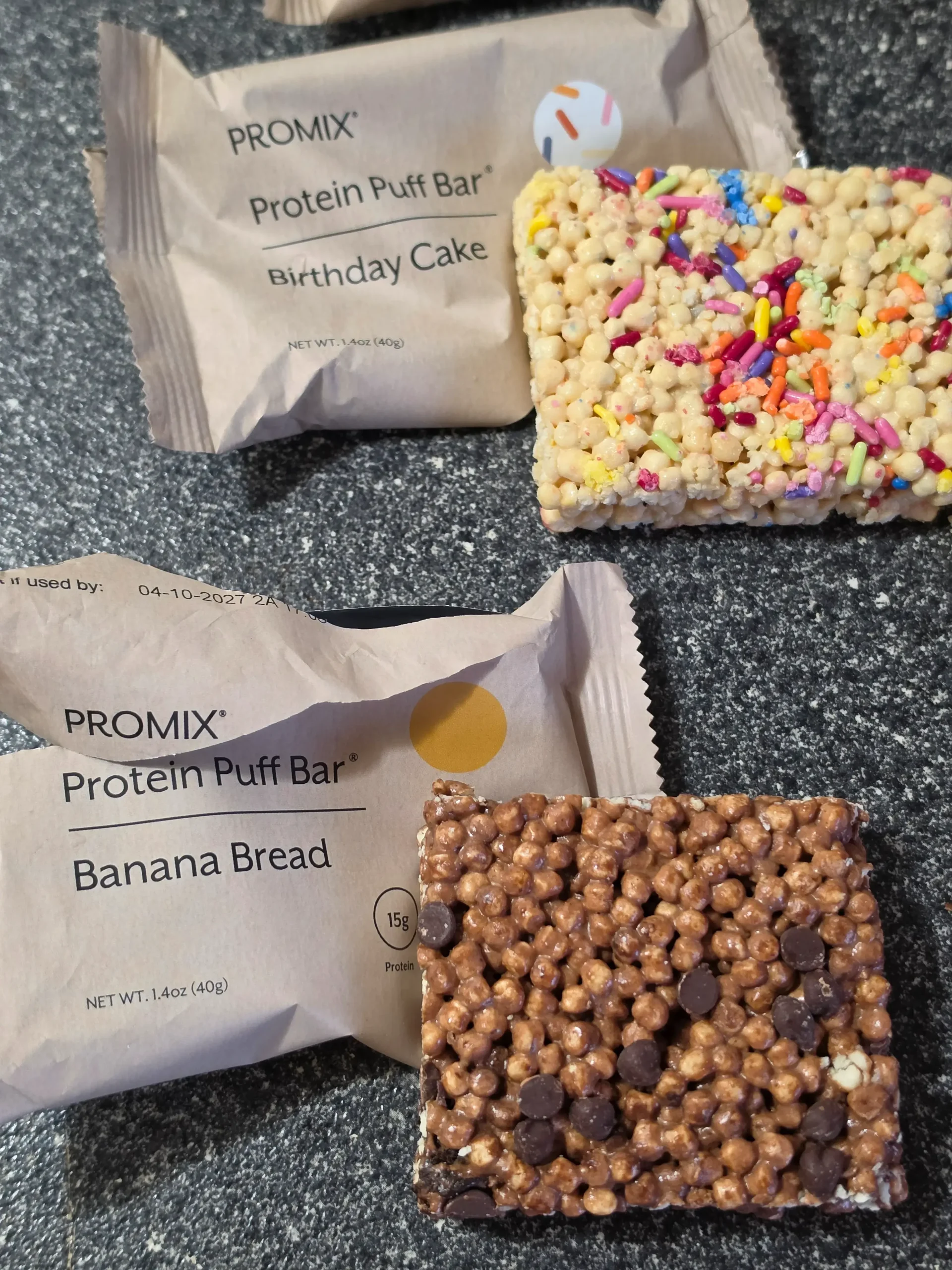 Promix Protein Puff Bar, Coconut, Birthday Cake, Banana Bread, Snickerdoodle, Mexican Hot Chocolate, and Matcha.