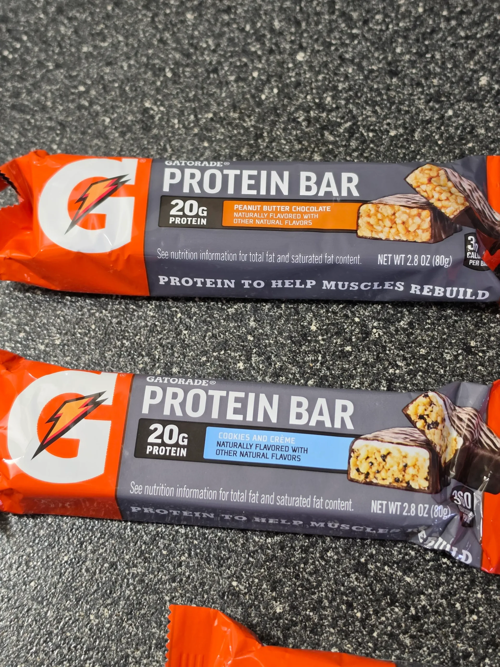 Gaterade Protein Bars: Peanut Butter Chocolate, Cookies and Creme, Chocolate Caramel, S'mores, and Chocolate Chip.