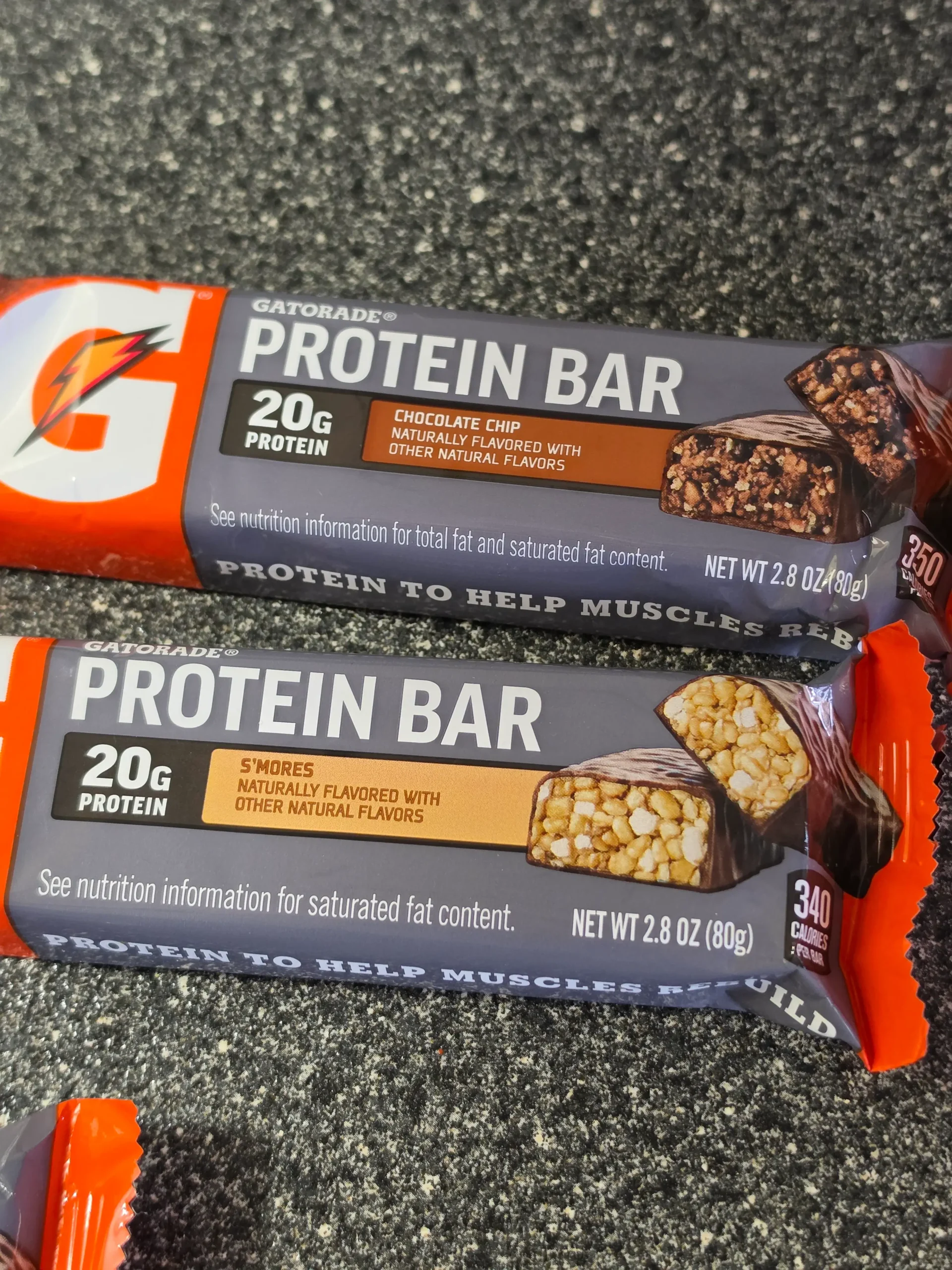 Gaterade Protein Bars: Peanut Butter Chocolate, Cookies and Creme, Chocolate Caramel, S'mores, and Chocolate Chip.