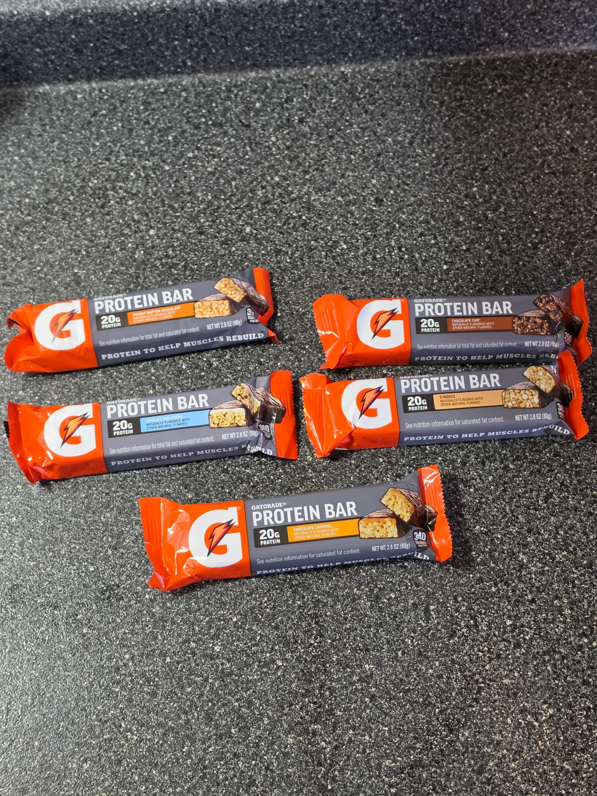 Gaterade Protein Bars: Peanut Butter Chocolate, Cookies and Creme, Chocolate Caramel, S'mores, and Chocolate Chip.