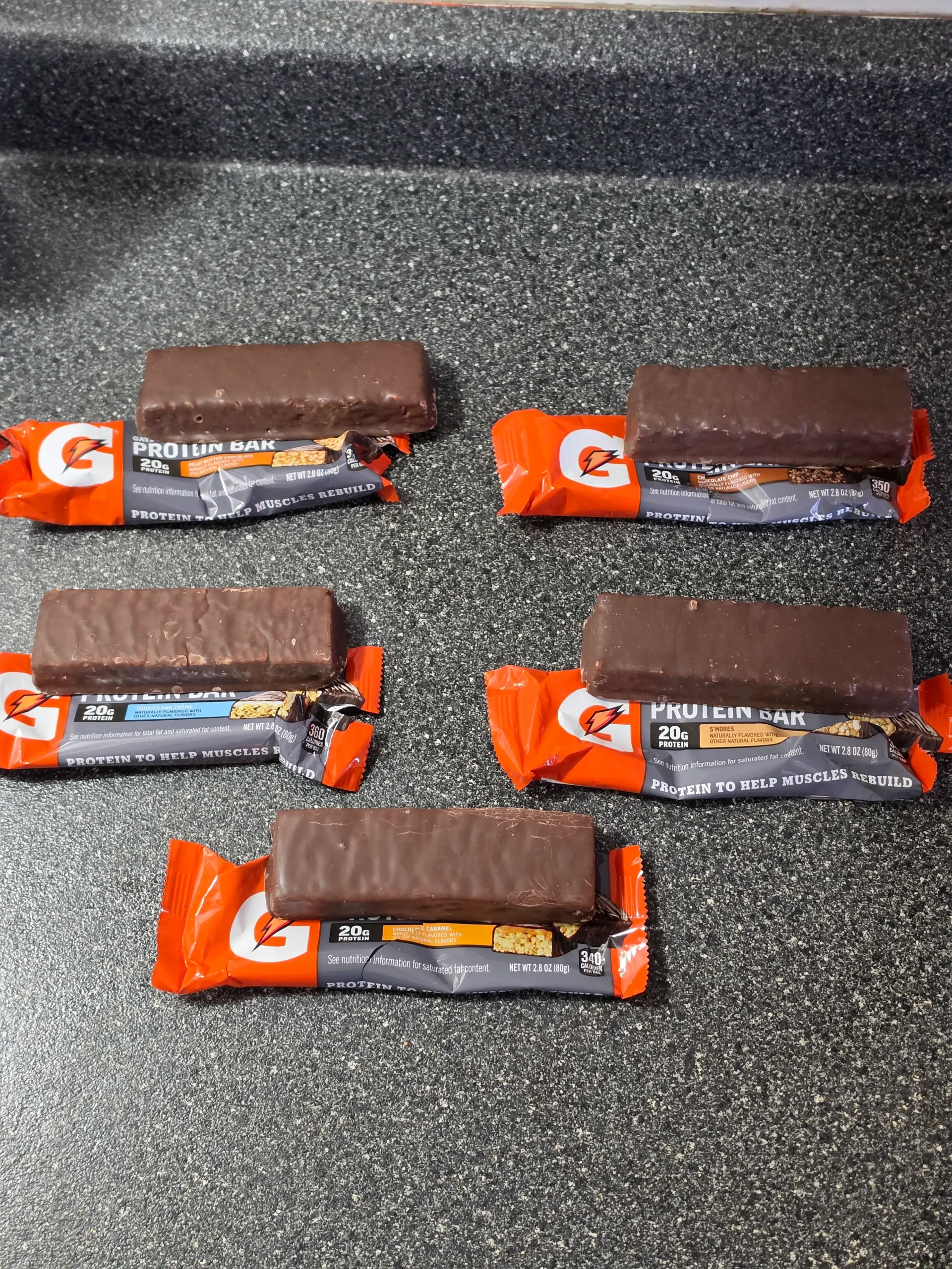 Gaterade Protein Bars: Peanut Butter Chocolate, Cookies and Creme, Chocolate Caramel, S'mores, and Chocolate Chip.
