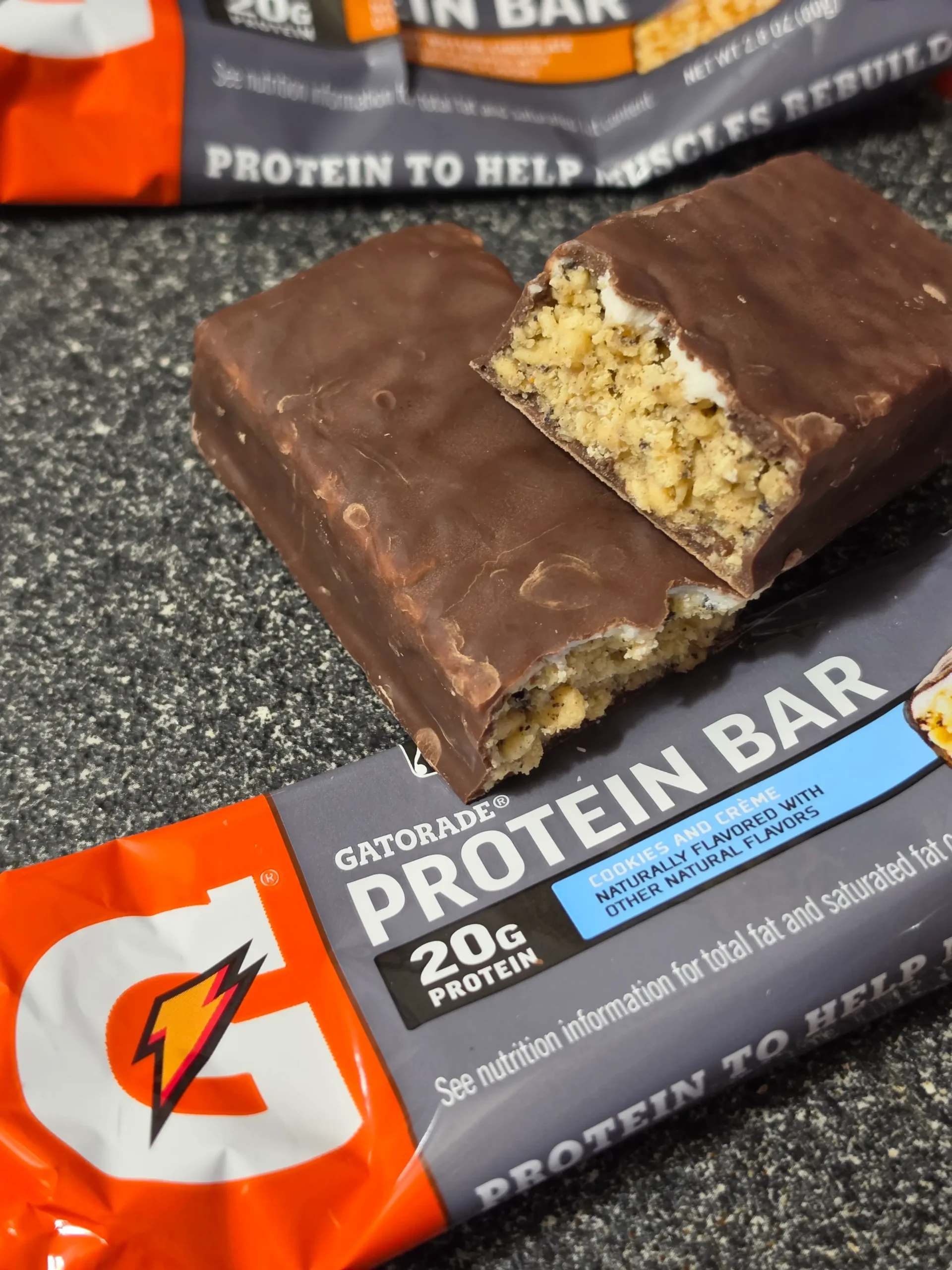 Gaterade Protein Bars: Peanut Butter Chocolate, Cookies and Creme, Chocolate Caramel, S'mores, and Chocolate Chip.