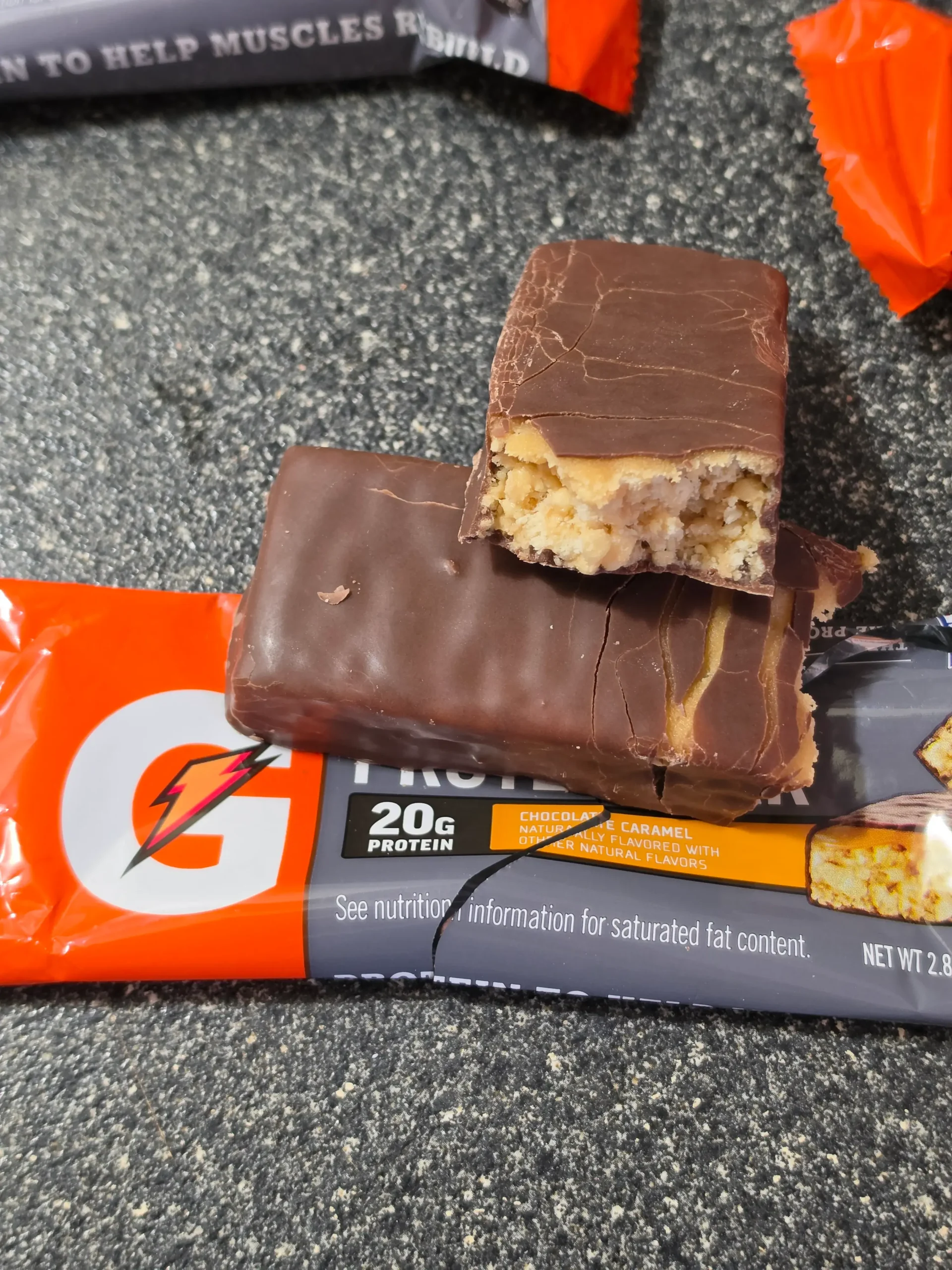Gaterade Protein Bars: Peanut Butter Chocolate, Cookies and Creme, Chocolate Caramel, S'mores, and Chocolate Chip.