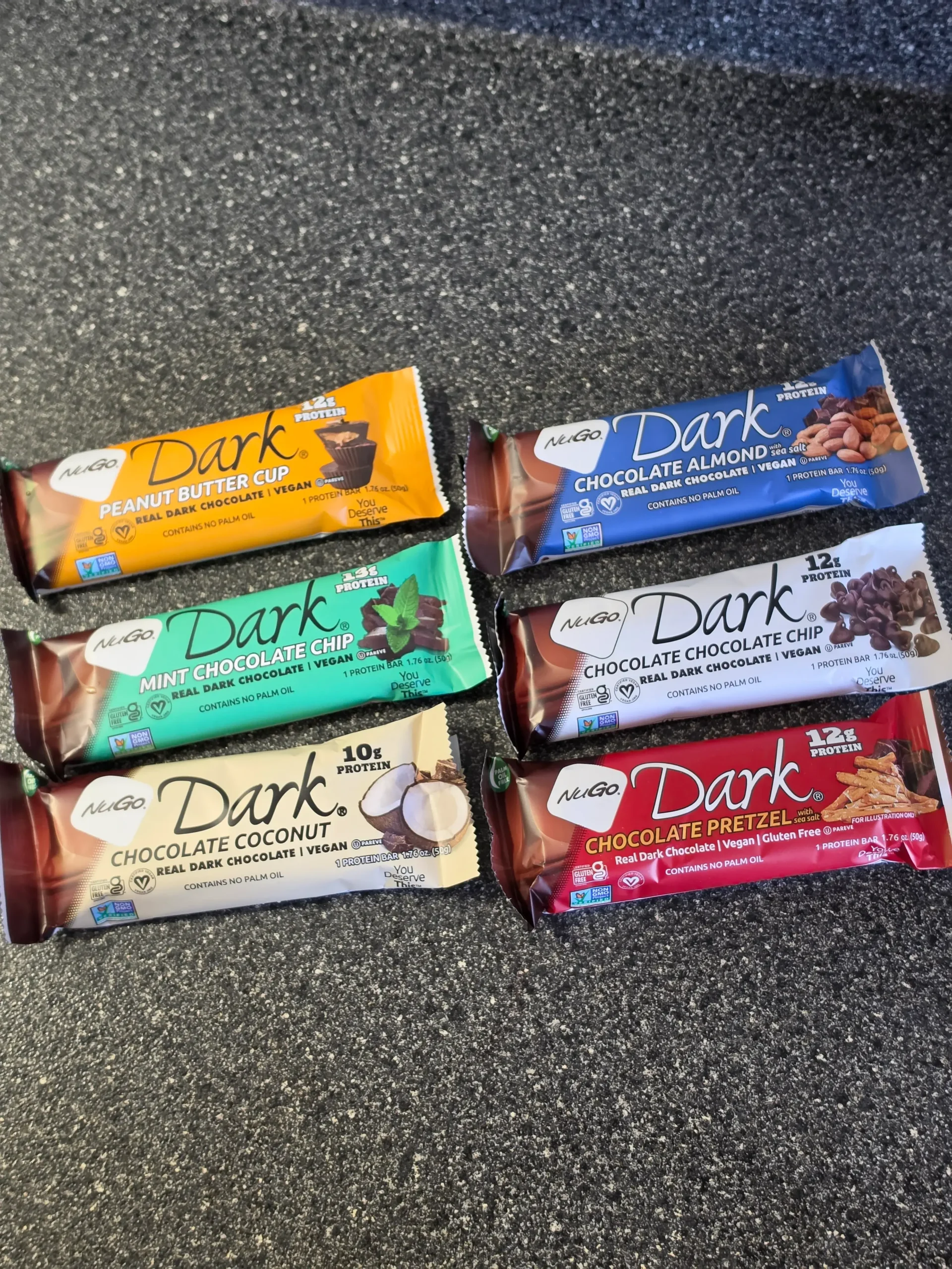 NuGo Protein Bars, Peanut Butter Cup, Mint Chocolate Chip, Chocolate Coconut, Chocolate Pretzel, Chocolate Chocolate Chip, and Chocolate Almond.