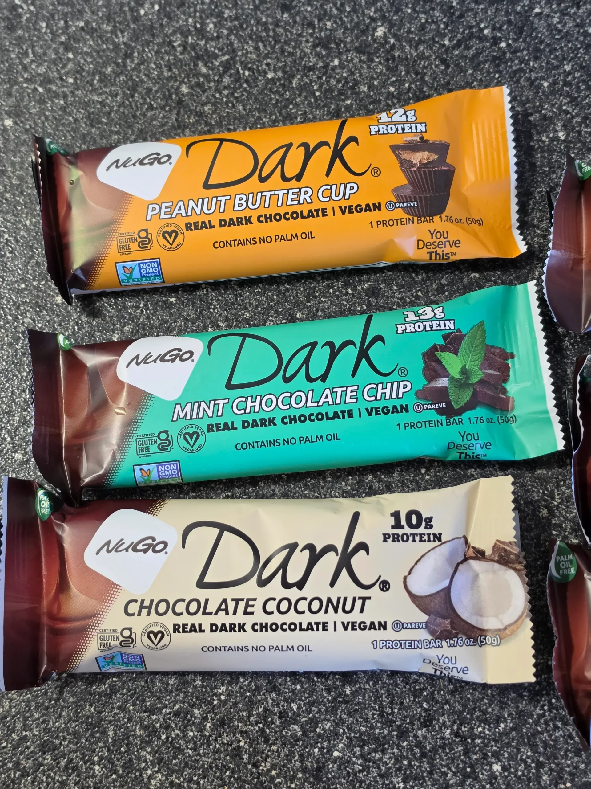 NuGo Protein Bars, Peanut Butter Cup, Mint Chocolate Chip, Chocolate Coconut, Chocolate Pretzel, Chocolate Chocolate Chip, and Chocolate Almond.