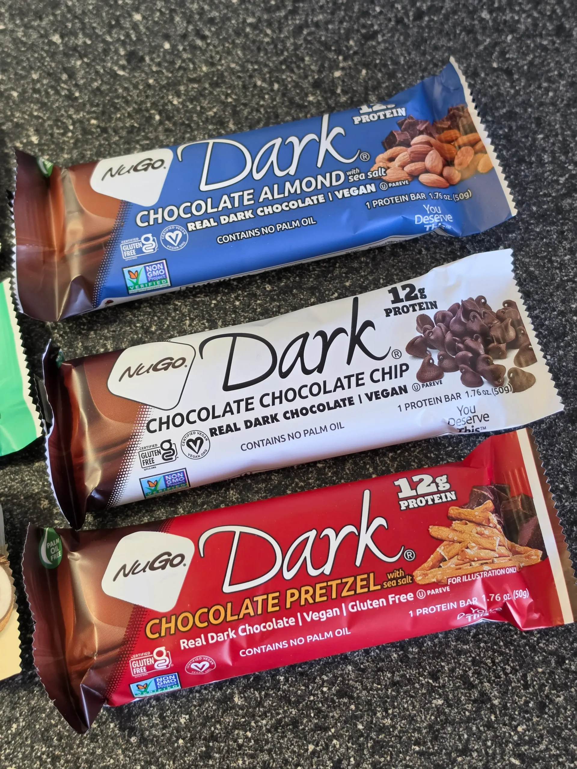 NuGo Protein Bars, Peanut Butter Cup, Mint Chocolate Chip, Chocolate Coconut, Chocolate Pretzel, Chocolate Chocolate Chip, and Chocolate Almond.