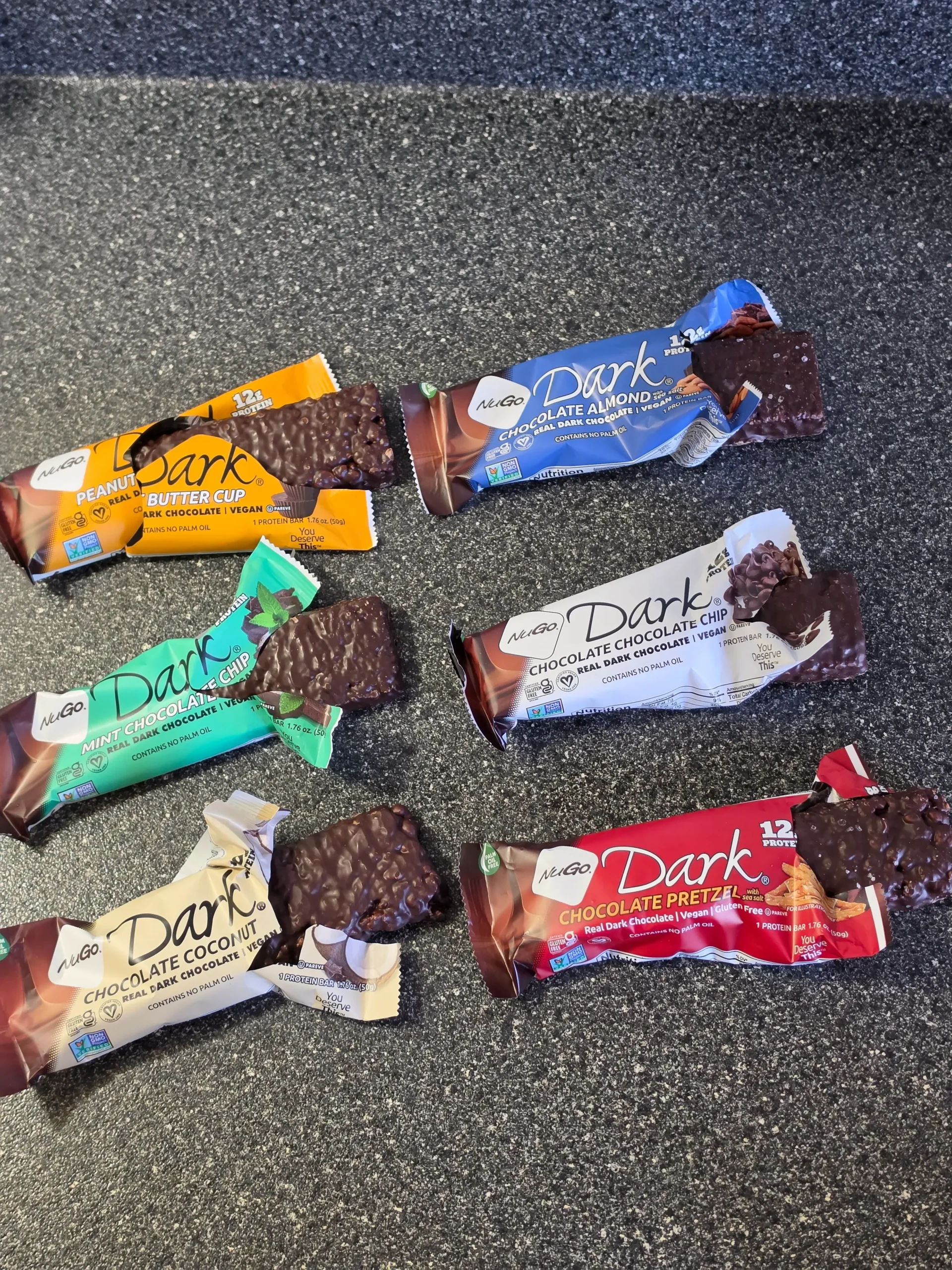 NuGo Protein Bars, Peanut Butter Cup, Mint Chocolate Chip, Chocolate Coconut, Chocolate Pretzel, Chocolate Chocolate Chip, and Chocolate Almond.
