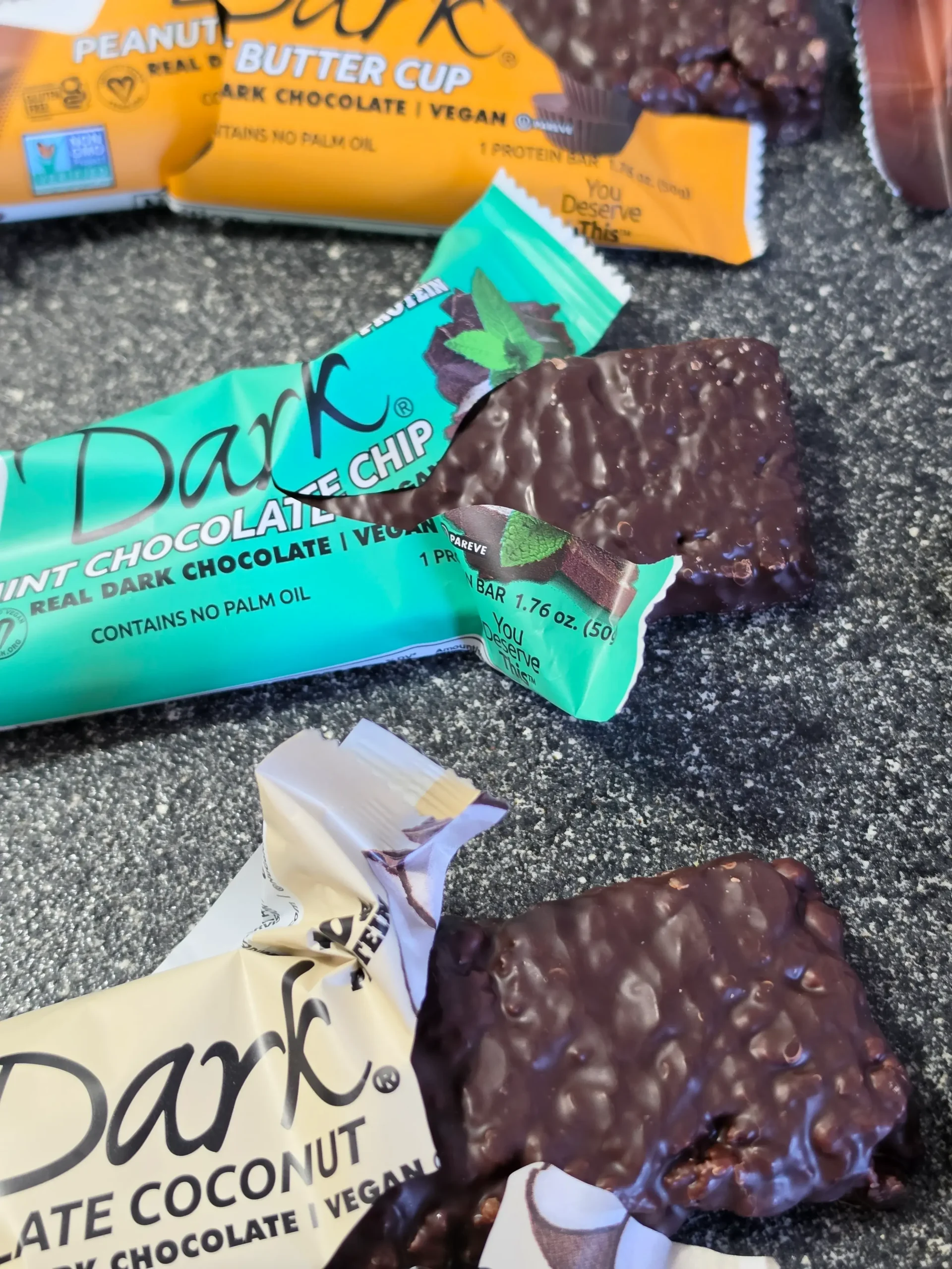 NuGo Protein Bars, Peanut Butter Cup, Mint Chocolate Chip, Chocolate Coconut, Chocolate Pretzel, Chocolate Chocolate Chip, and Chocolate Almond.