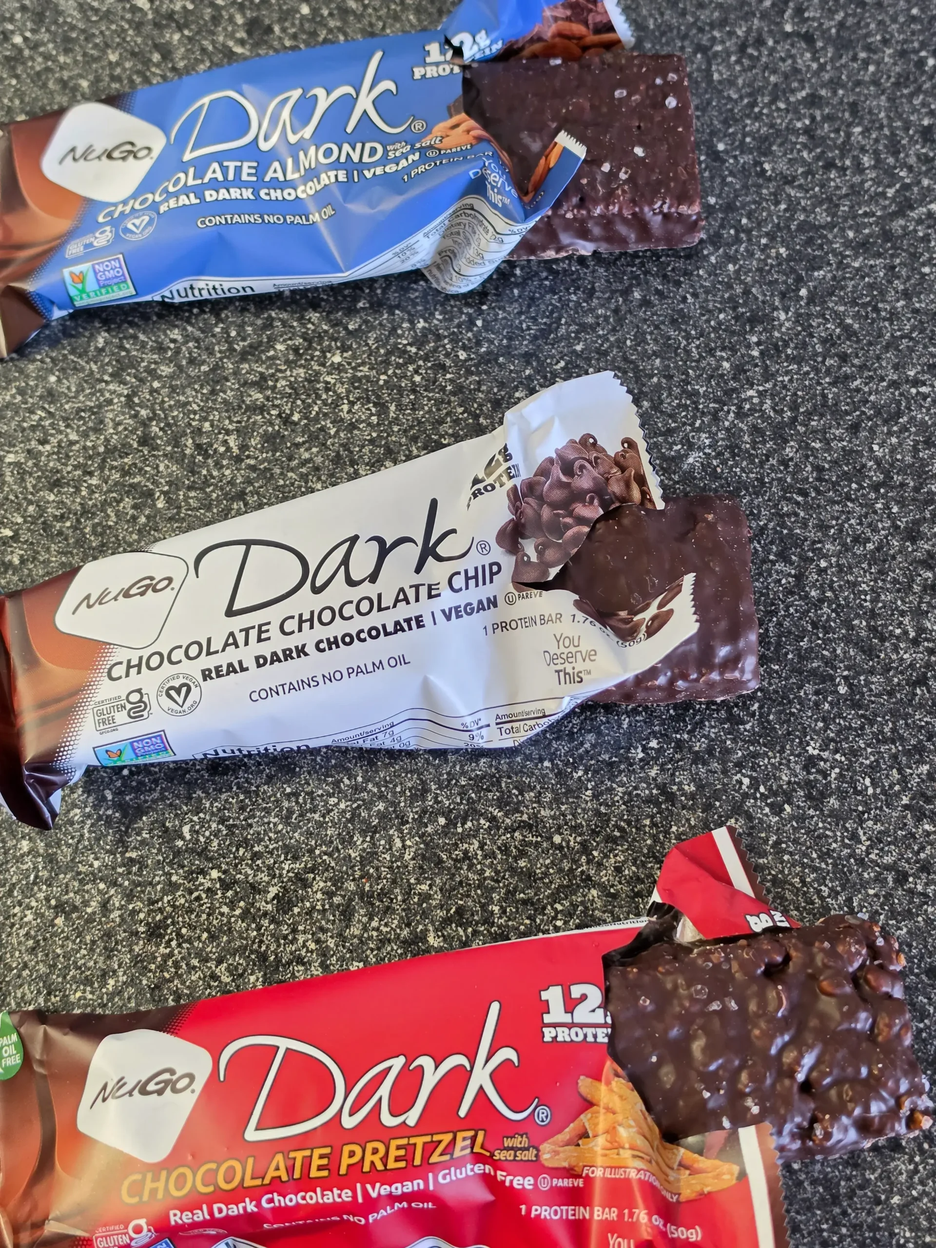 NuGo Protein Bars, Peanut Butter Cup, Mint Chocolate Chip, Chocolate Coconut, Chocolate Pretzel, Chocolate Chocolate Chip, and Chocolate Almond.