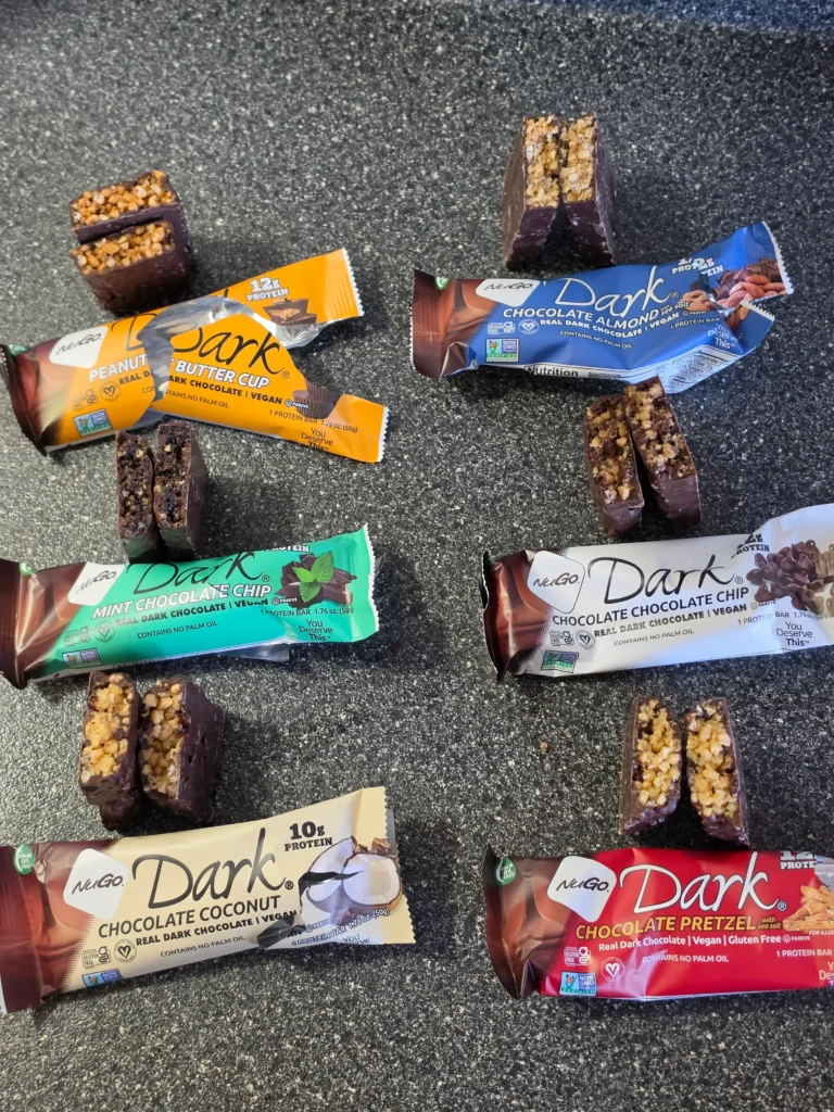 NuGo Protein Bars, Peanut Butter Cup, Mint Chocolate Chip, Chocolate Coconut, Chocolate Pretzel, Chocolate Chocolate Chip, and Chocolate Almond.