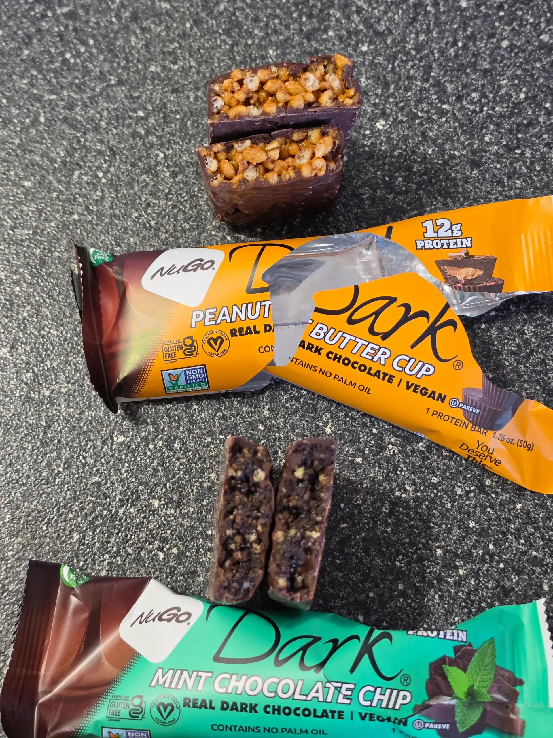 NuGo Protein Bars, Peanut Butter Cup, Mint Chocolate Chip, Chocolate Coconut, Chocolate Pretzel, Chocolate Chocolate Chip, and Chocolate Almond.