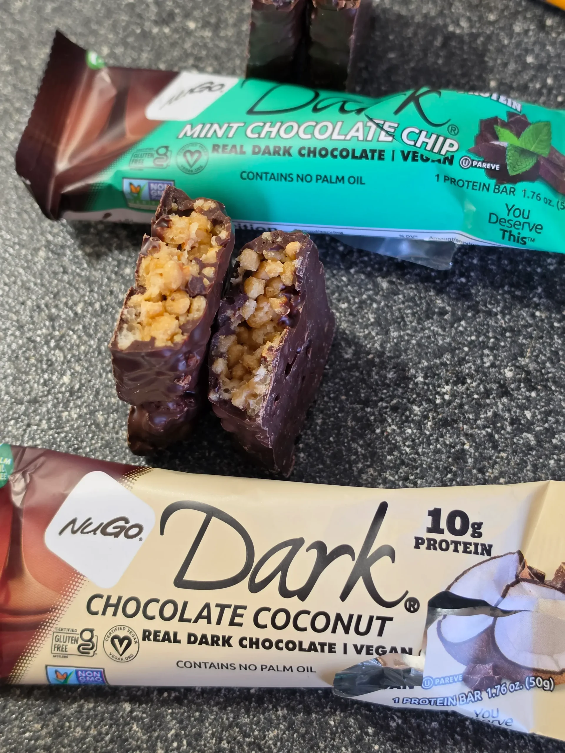 NuGo Protein Bars, Peanut Butter Cup, Mint Chocolate Chip, Chocolate Coconut, Chocolate Pretzel, Chocolate Chocolate Chip, and Chocolate Almond.