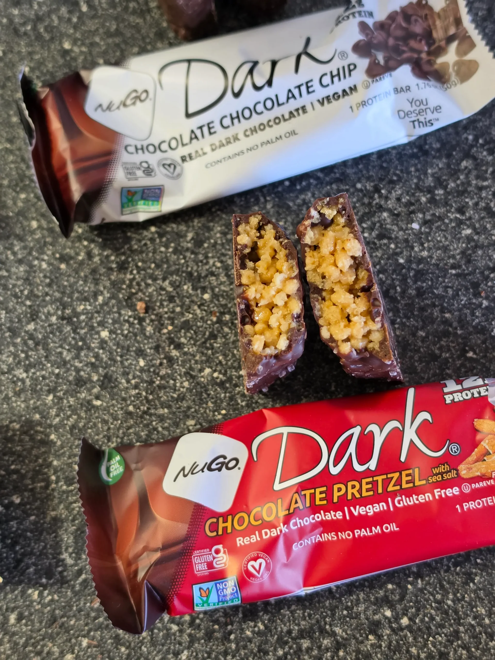 NuGo Protein Bars, Peanut Butter Cup, Mint Chocolate Chip, Chocolate Coconut, Chocolate Pretzel, Chocolate Chocolate Chip, and Chocolate Almond.
