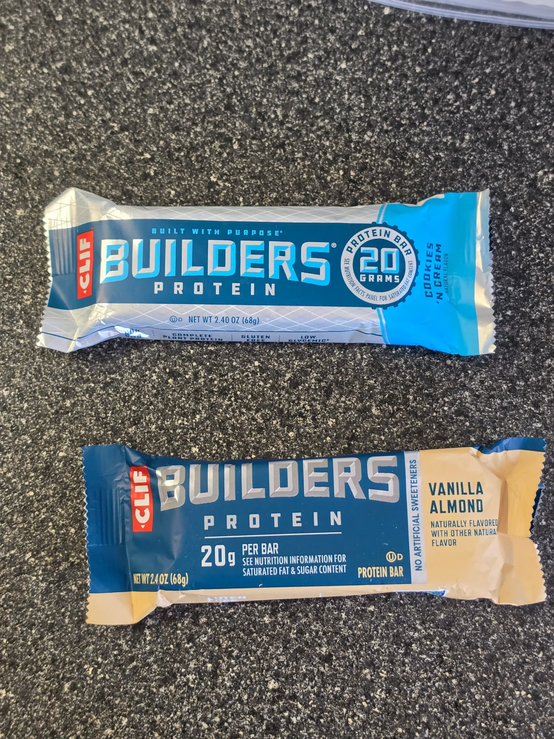CLIF Builders Protein Bar Cookies 'N Cream and Vanilla Almond.