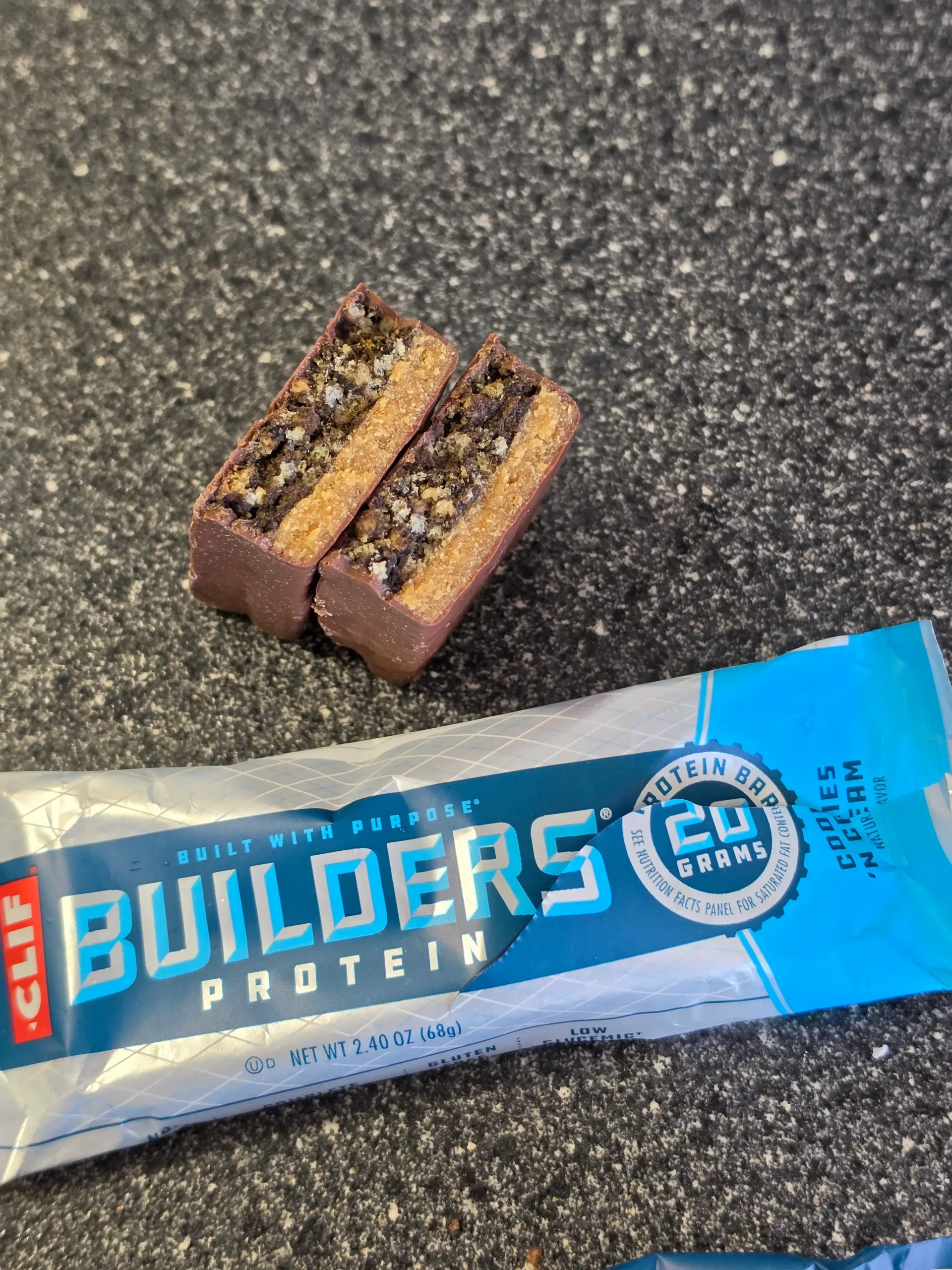 CLIF Builders Protein Bar Cookies 'N Cream and Vanilla Almond.