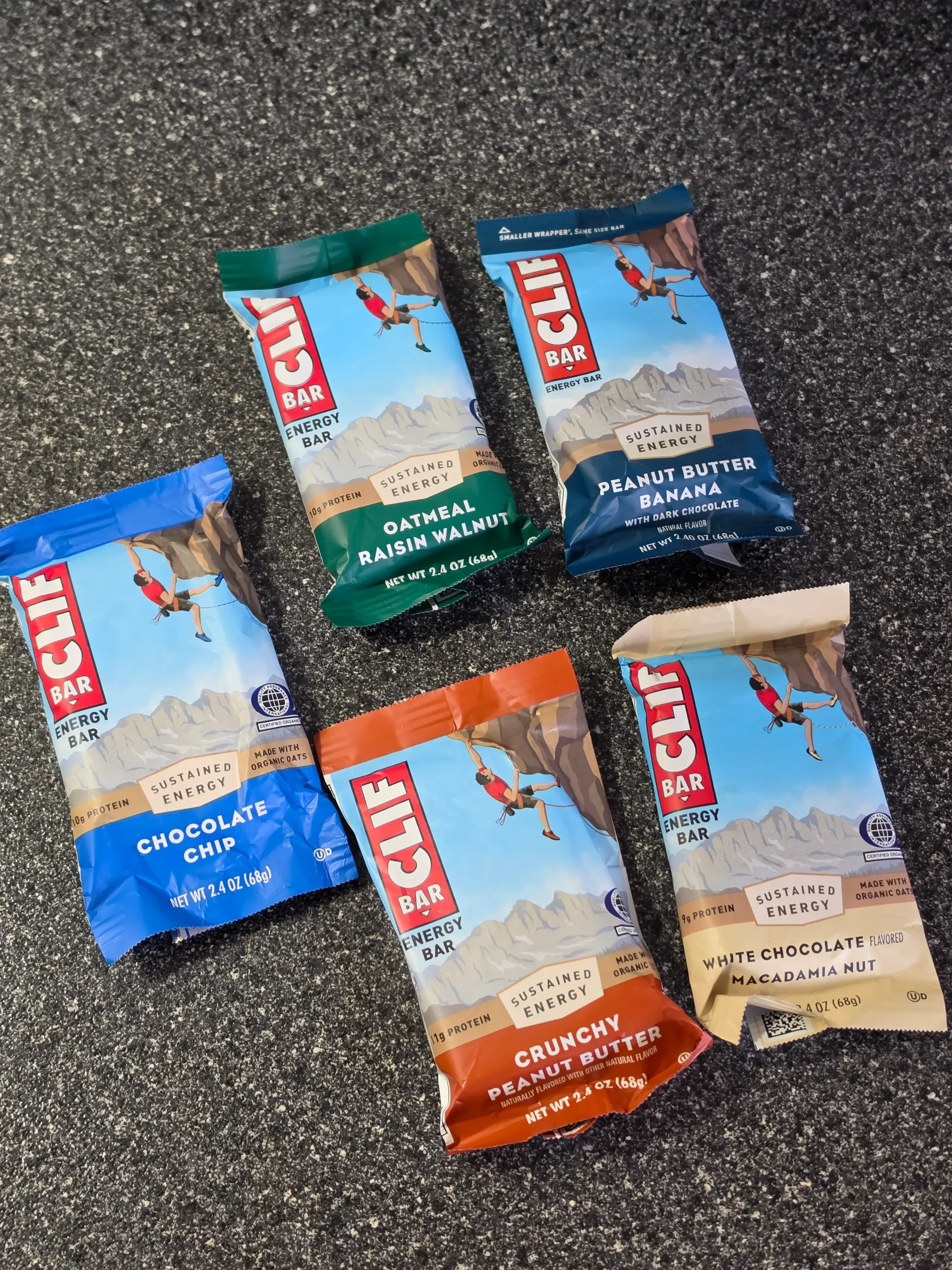 CLIF Protein Energy Bars, Chocolate Chip, Oatmeal Raisin Walnut, Crunchy Peanut Butter, Peanut Butter Banana, and White Chocolate Macadamia Nut.