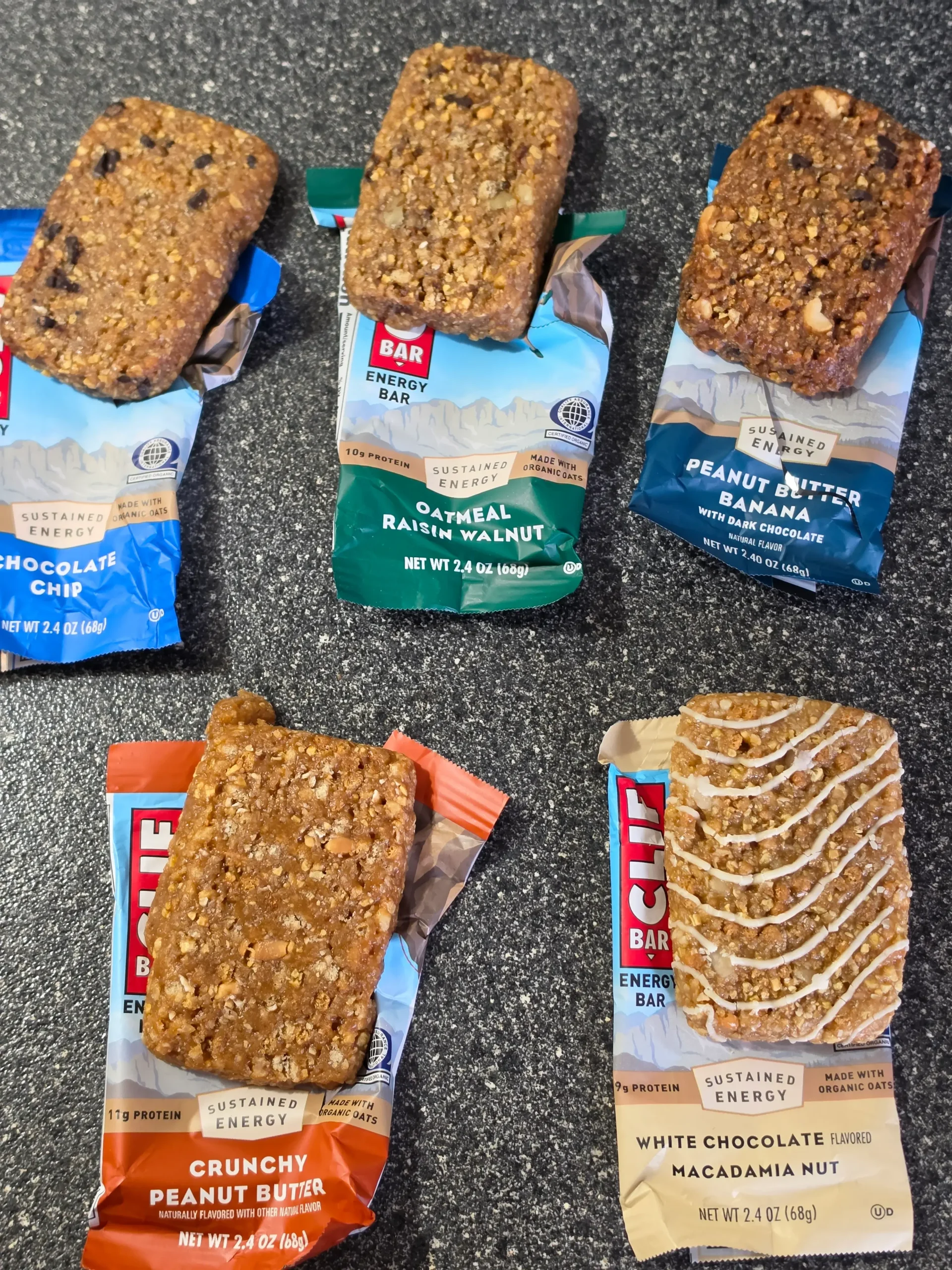 CLIF Protein Energy Bars, Chocolate Chip, Oatmeal Raisin Walnut, Crunchy Peanut Butter, Peanut Butter Banana, and White Chocolate Macadamia Nut.
