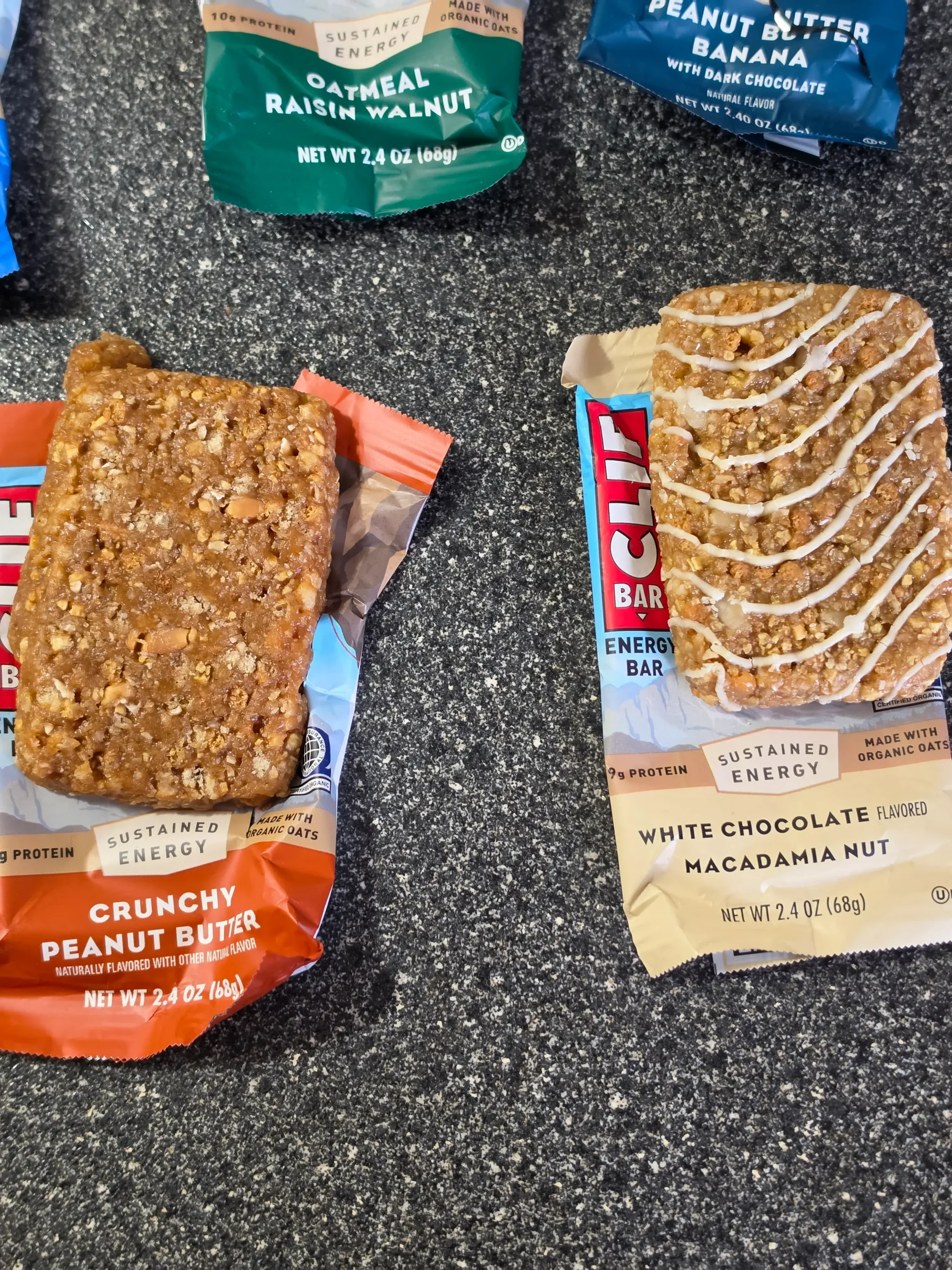CLIF Protein Energy Bars, Chocolate Chip, Oatmeal Raisin Walnut, Crunchy Peanut Butter, Peanut Butter Banana, and White Chocolate Macadamia Nut.