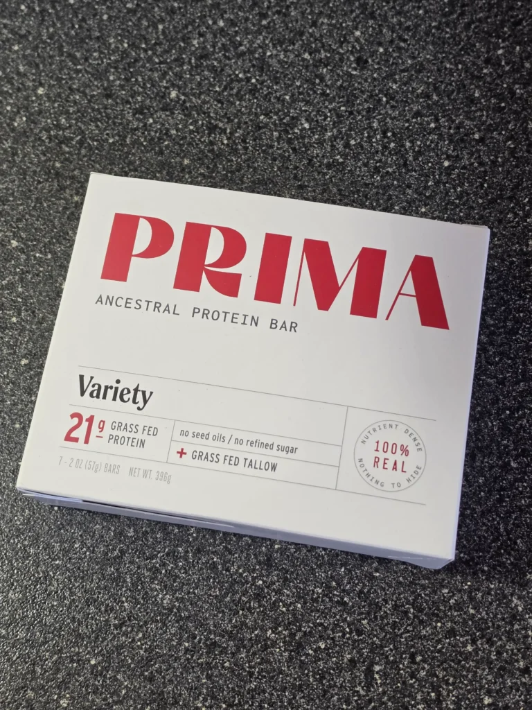 PRIMA Ancestral Protein Bar Variety Pack, Mocha, Cacao, Salted Caramel, and Cookie Dough.