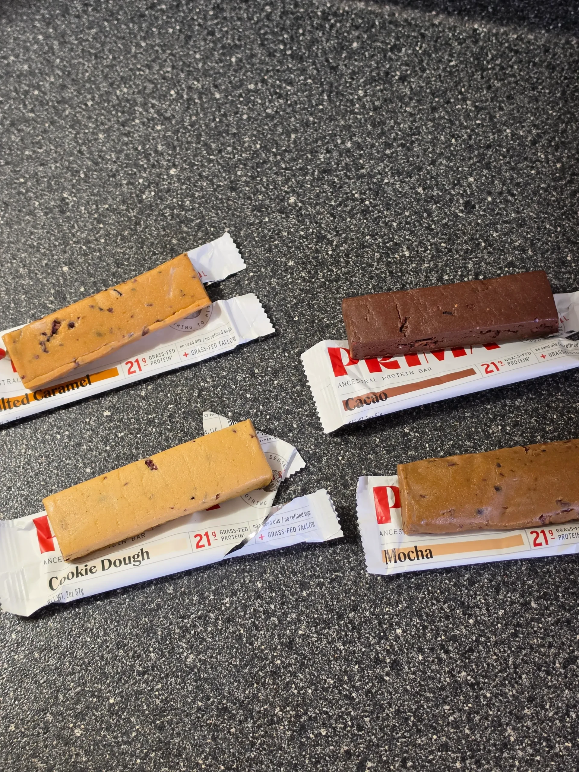 PRIMA Ancestral Protein Bar Variety Pack, Mocha, Cacao, Salted Caramel, and Cookie Dough.