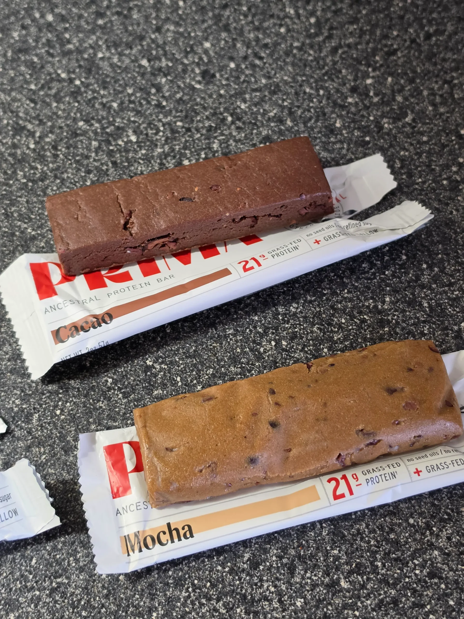 PRIMA Ancestral Protein Bar Variety Pack, Mocha, Cacao, Salted Caramel, and Cookie Dough.
