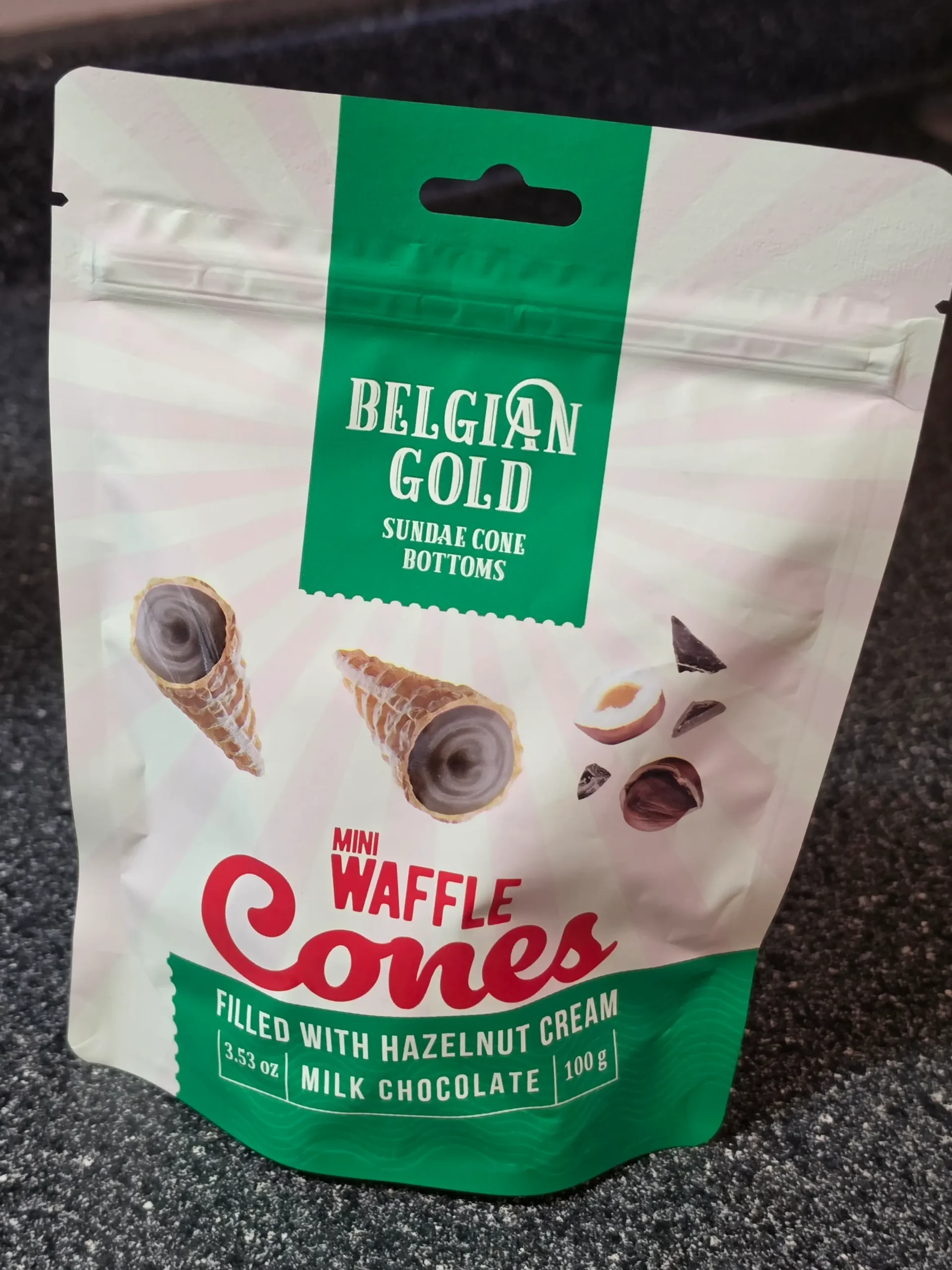 Belgian Gold Sundae Cone Bottoms Mini Filled Hazelnut Waffle Cones.