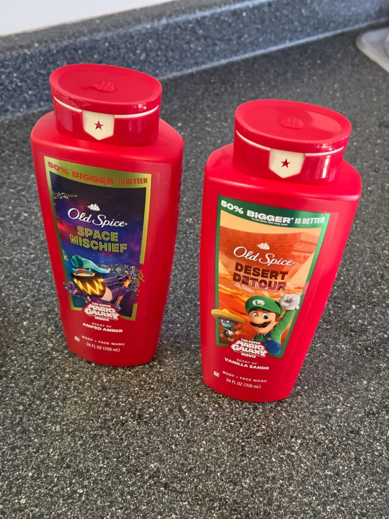 Old Spice Super Mario Galaxy Movie Space Mischief Amped Amber and Desert Detour Vanilla Sands Body Face Wash.