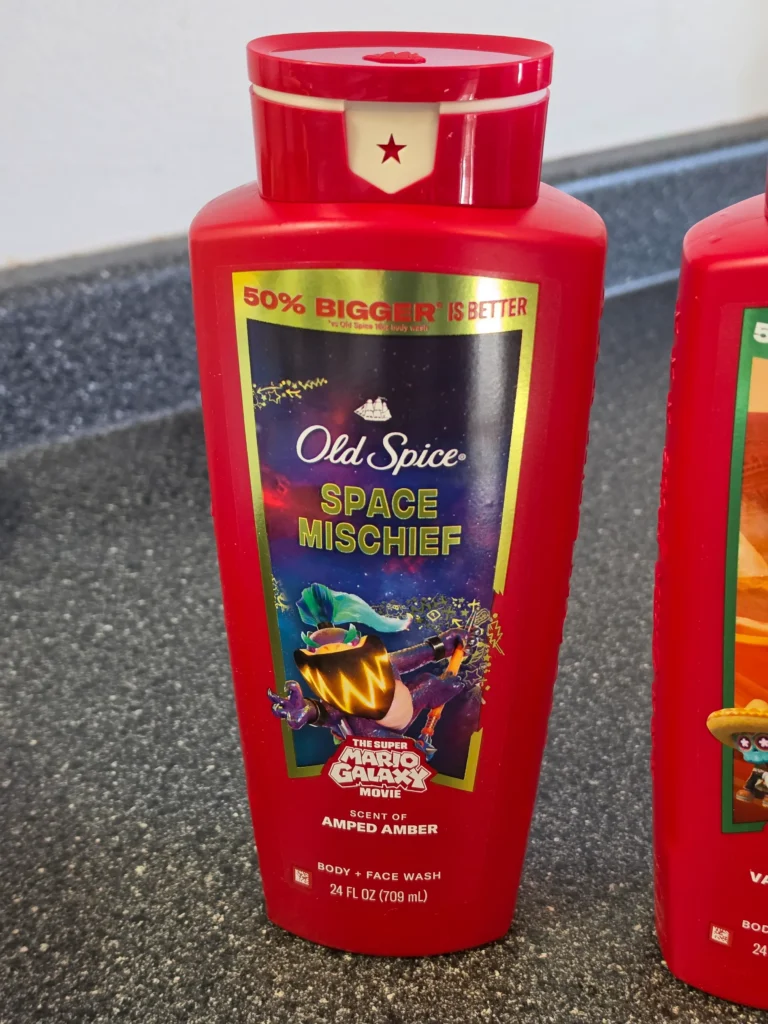 Old Spice Super Mario Galaxy Movie Space Mischief Amped Amber and Desert Detour Vanilla Sands Body Face Wash.