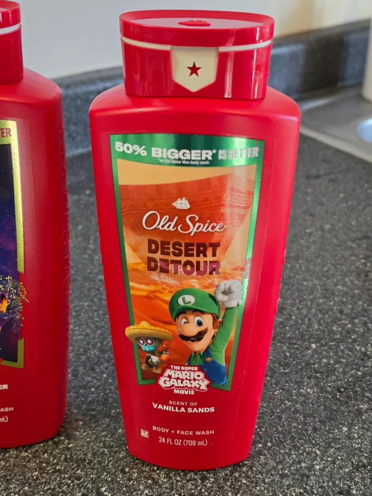 Old Spice Super Mario Galaxy Movie Space Mischief Amped Amber and Desert Detour Vanilla Sands Body Face Wash.