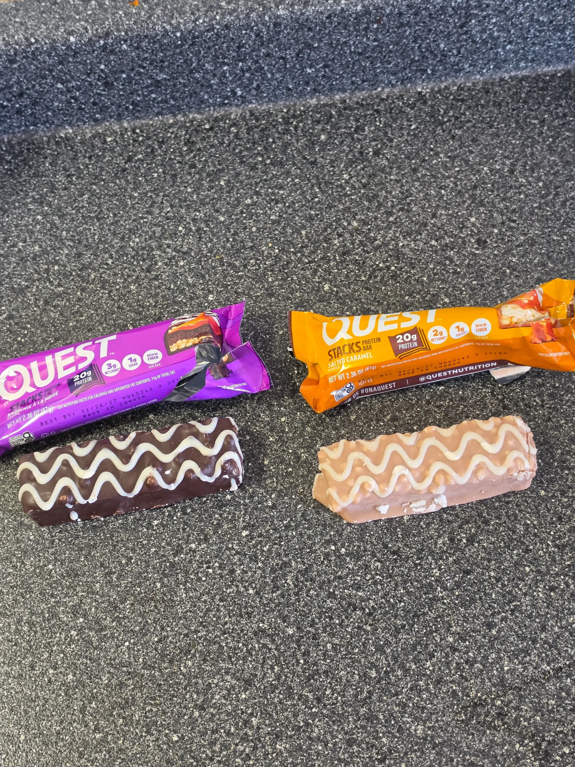 Quest Stacks Protein Bar Salted Caramel and Brownie a la Mode.