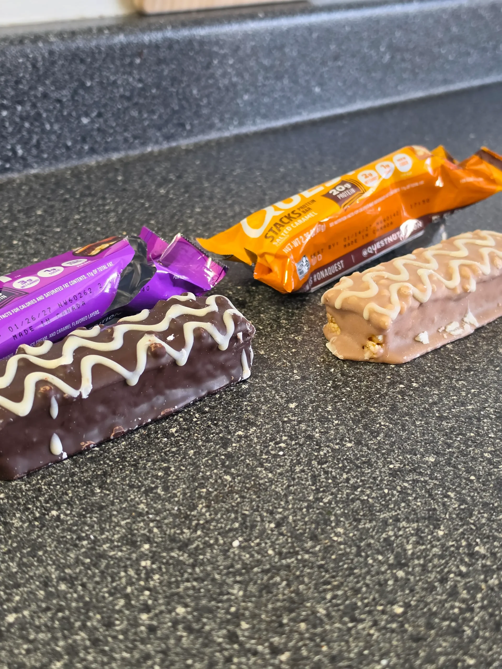 Quest Stacks Protein Bar Salted Caramel and Brownie a la Mode.