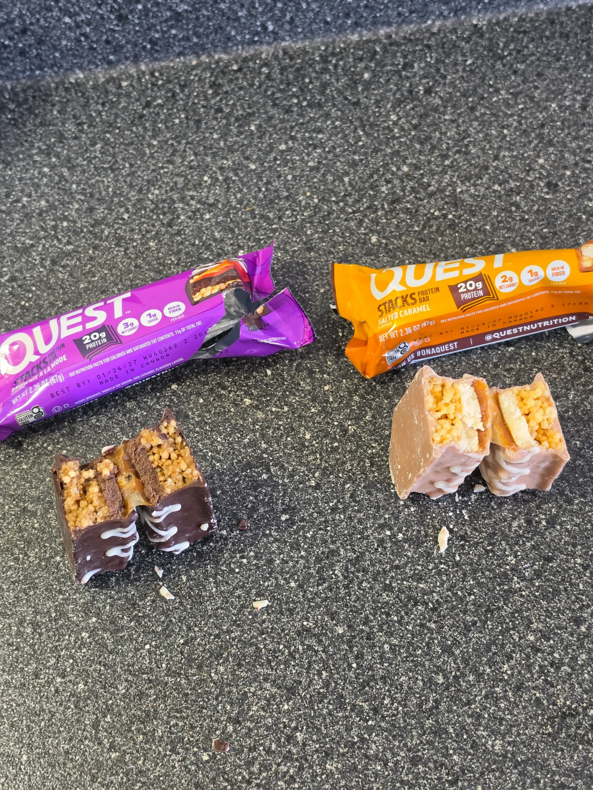 Quest Stacks Protein Bar Salted Caramel and Brownie a la Mode.