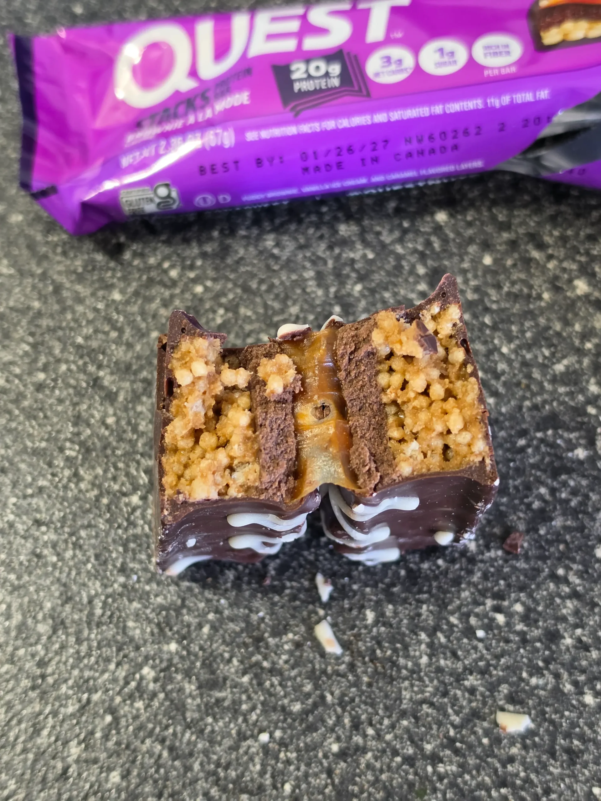 Quest Stacks Protein Bar Salted Caramel and Brownie a la Mode.