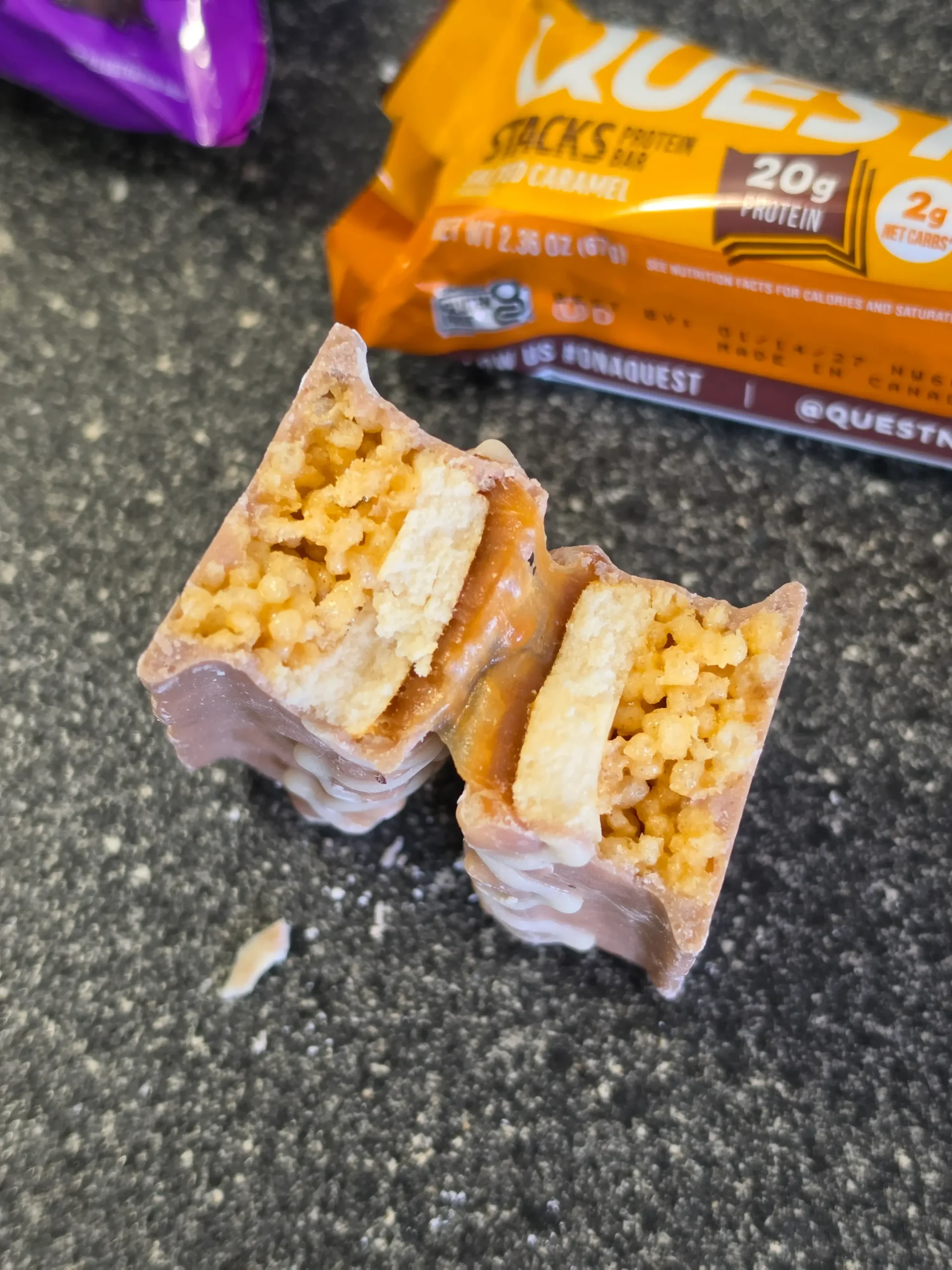 Quest Stacks Protein Bar Salted Caramel and Brownie a la Mode.