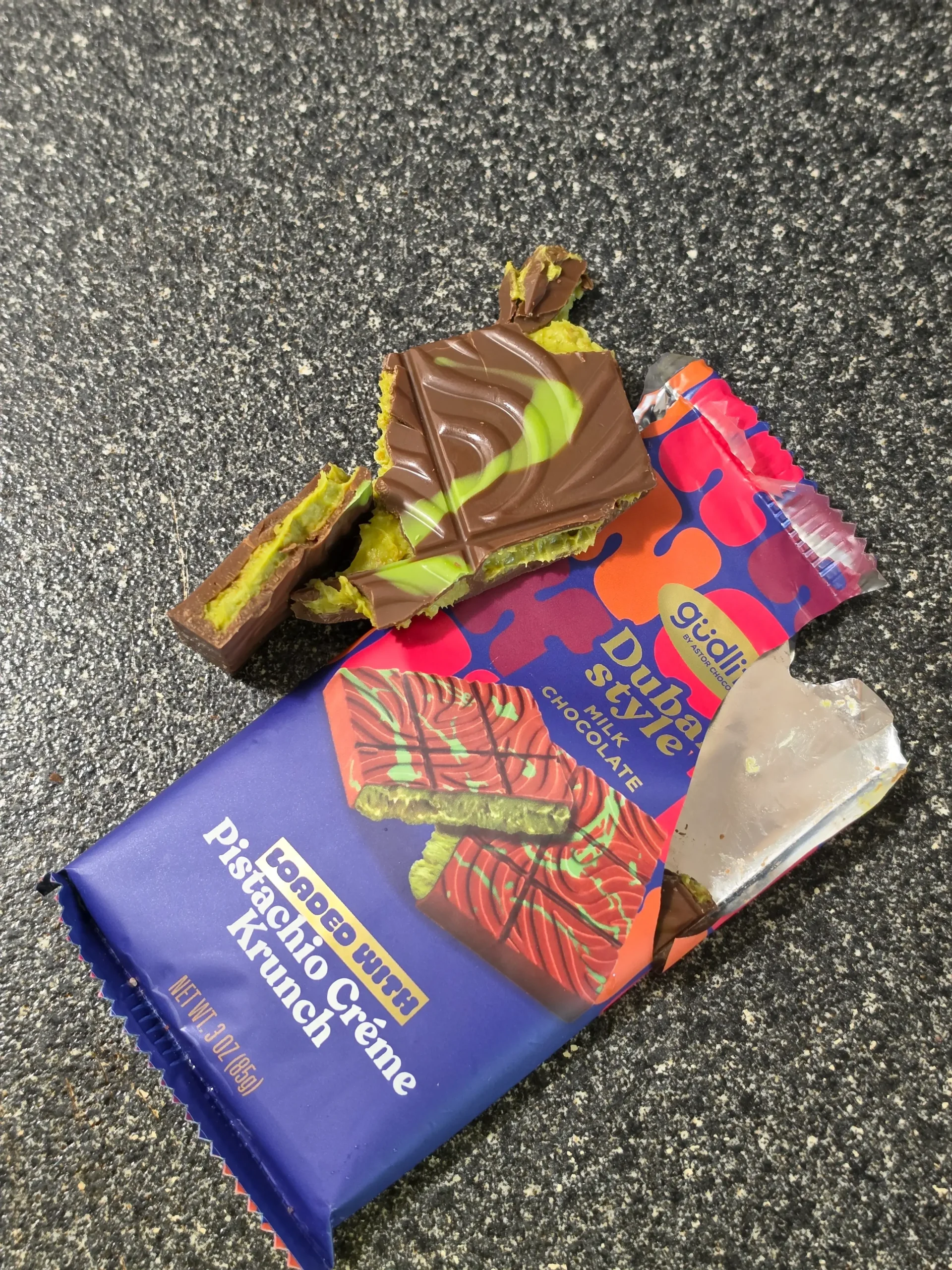 Astor Gudlife Dubai Style Krunch Candy Bars: Pistachio Creme, Cookie Butter, and Cookies & Cream.