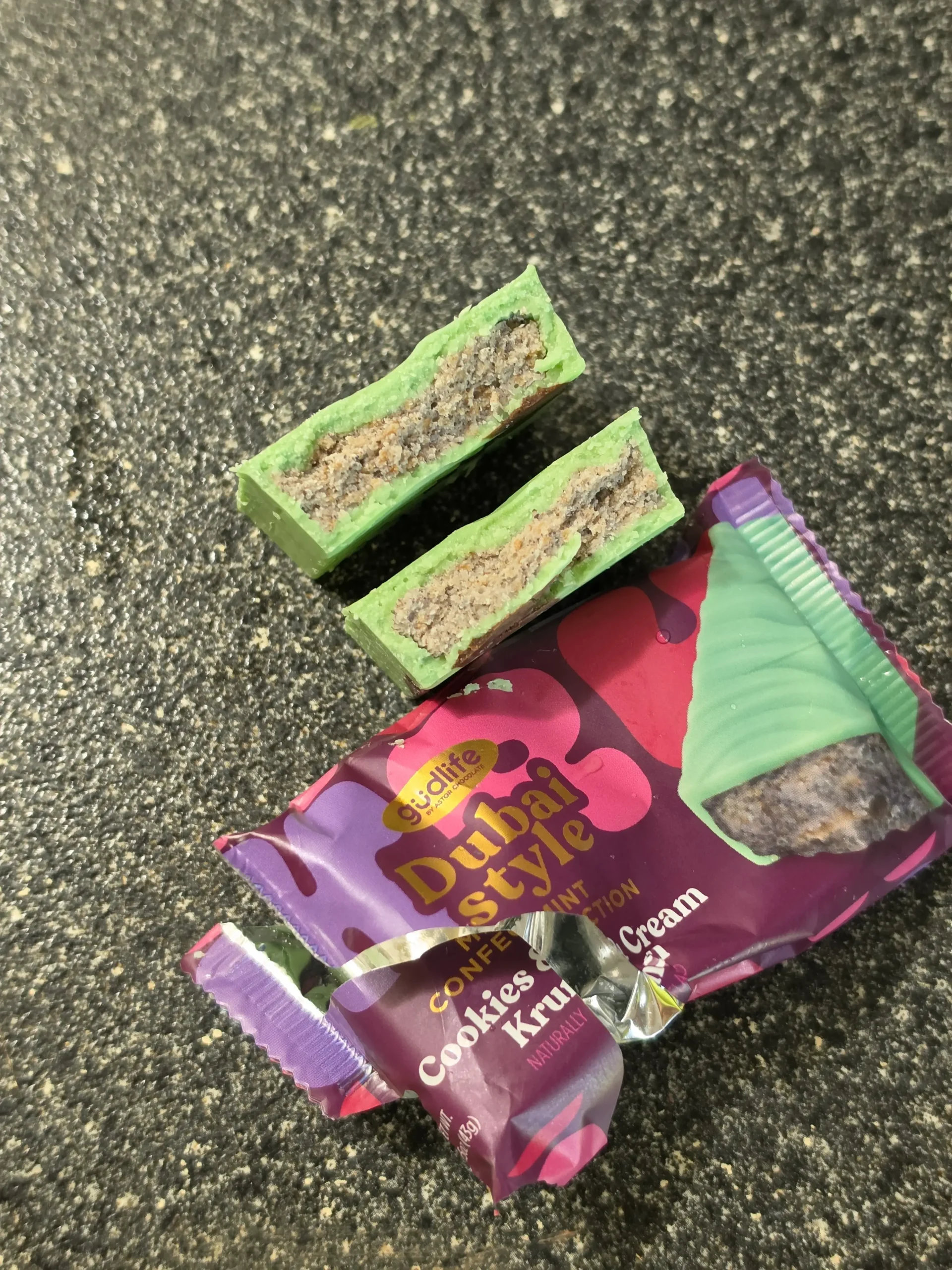 Astor Gudlife Dubai Style Krunch Candy Bars: Pistachio Creme, Cookie Butter, and Cookies & Cream.