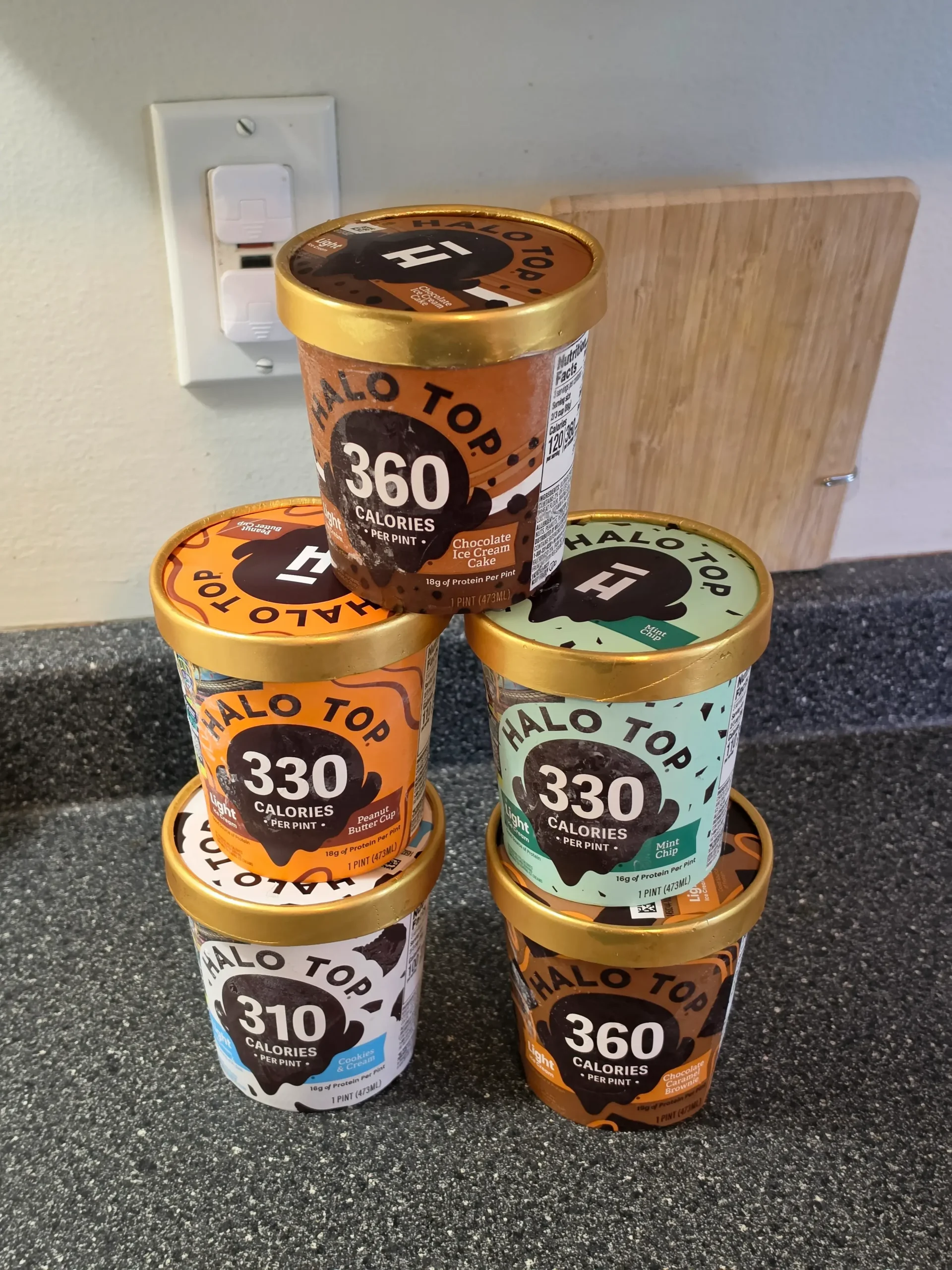 Halo Top Ice Cream: Chocolate Ice Cream Cake, Peanut Butter Cup, Mint Chip, Cookies & Cream, Chocolate Caramel Brownie, Caramel Cheesecake.