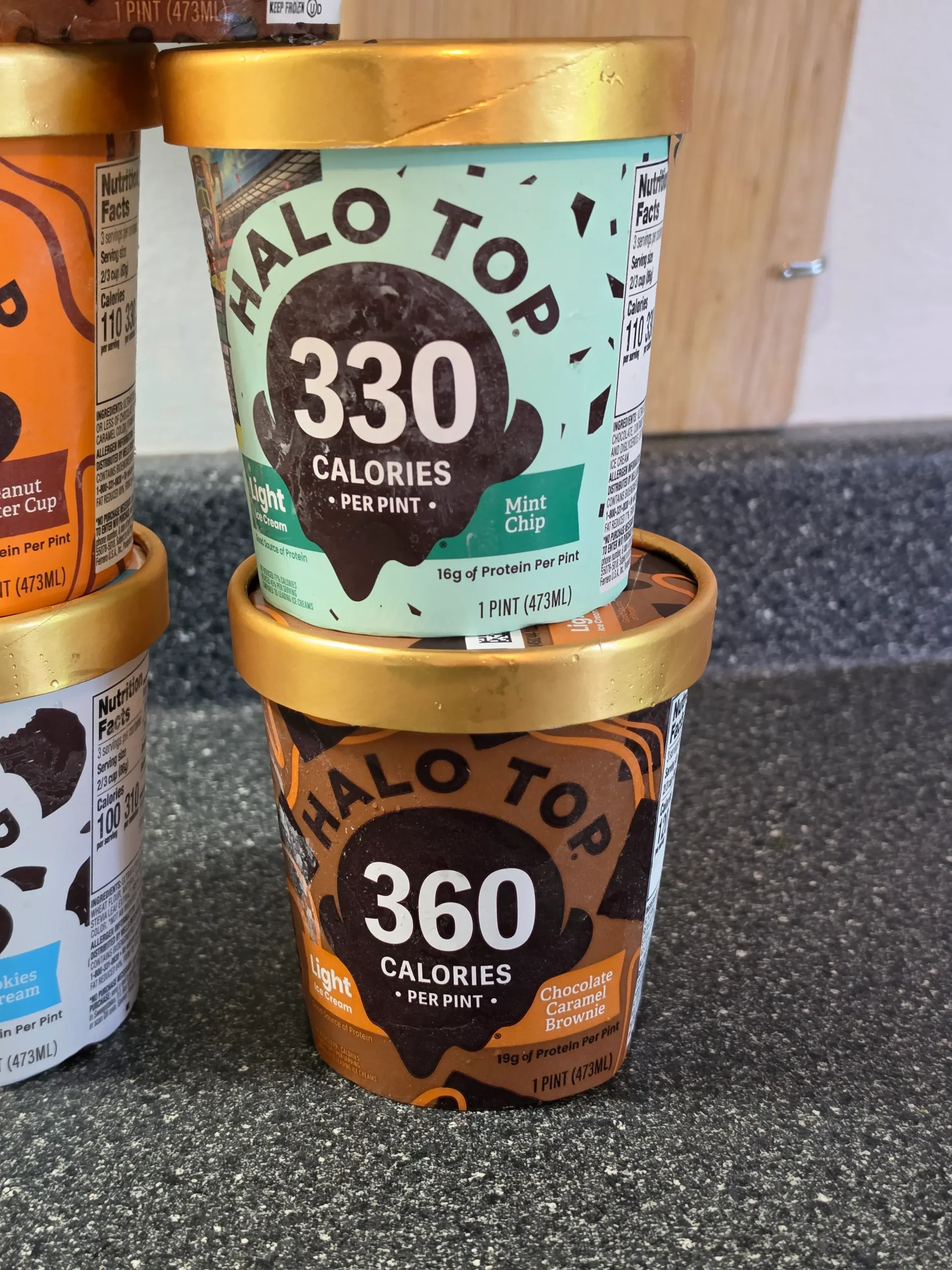 Halo Top Ice Cream: Chocolate Ice Cream Cake, Peanut Butter Cup, Mint Chip, Cookies & Cream, Chocolate Caramel Brownie, Caramel Cheesecake.