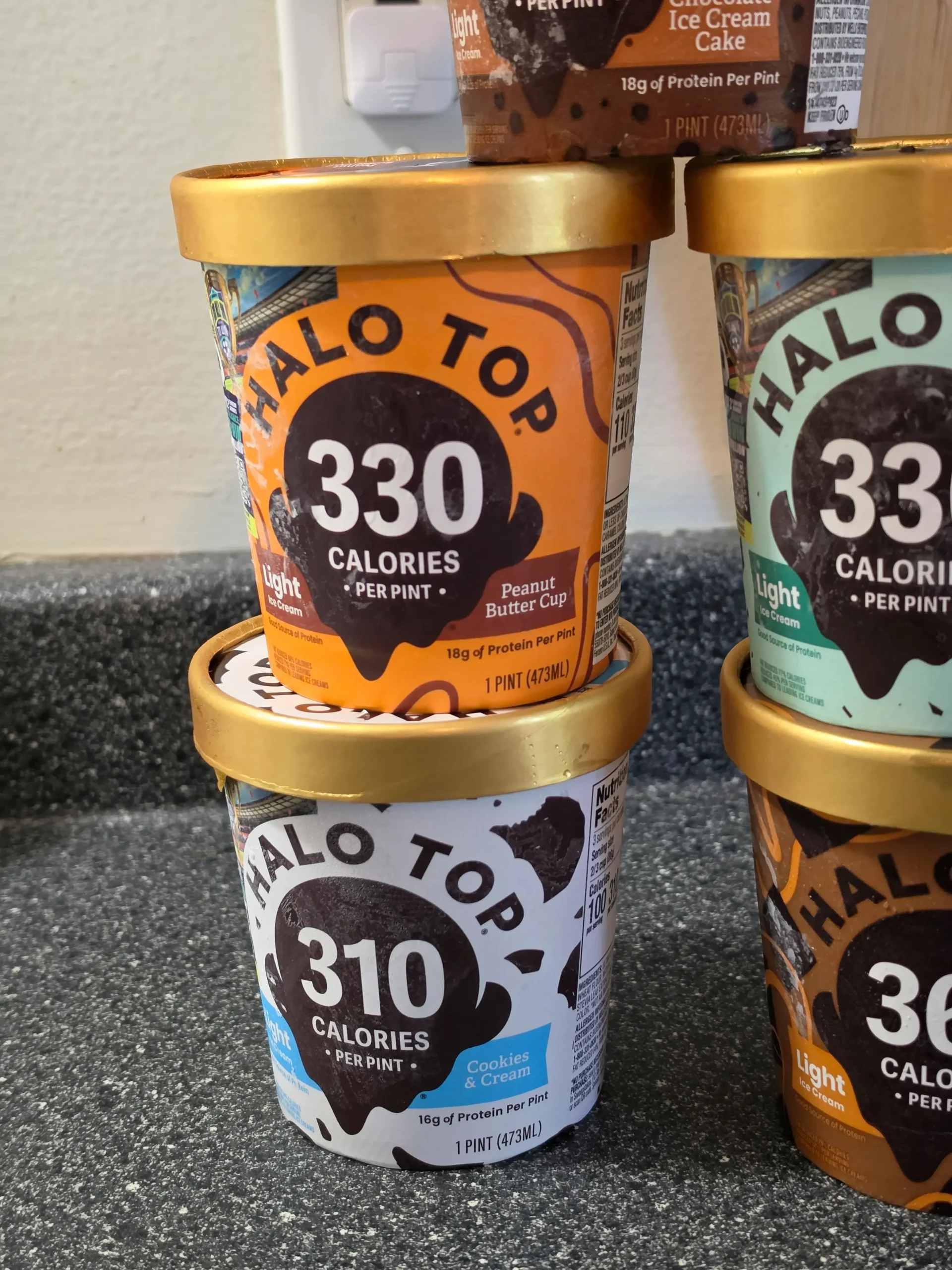 Halo Top Ice Cream: Chocolate Ice Cream Cake, Peanut Butter Cup, Mint Chip, Cookies & Cream, Chocolate Caramel Brownie, Caramel Cheesecake.