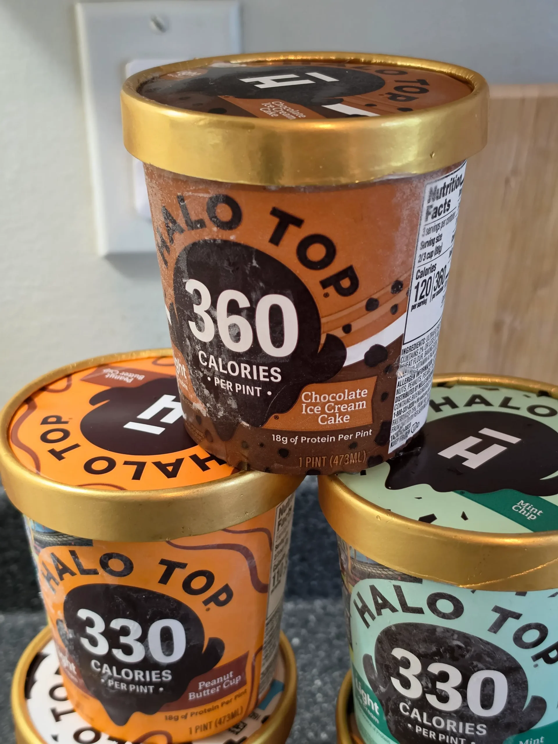 Halo Top Ice Cream: Chocolate Ice Cream Cake, Peanut Butter Cup, Mint Chip, Cookies & Cream, Chocolate Caramel Brownie, Caramel Cheesecake.