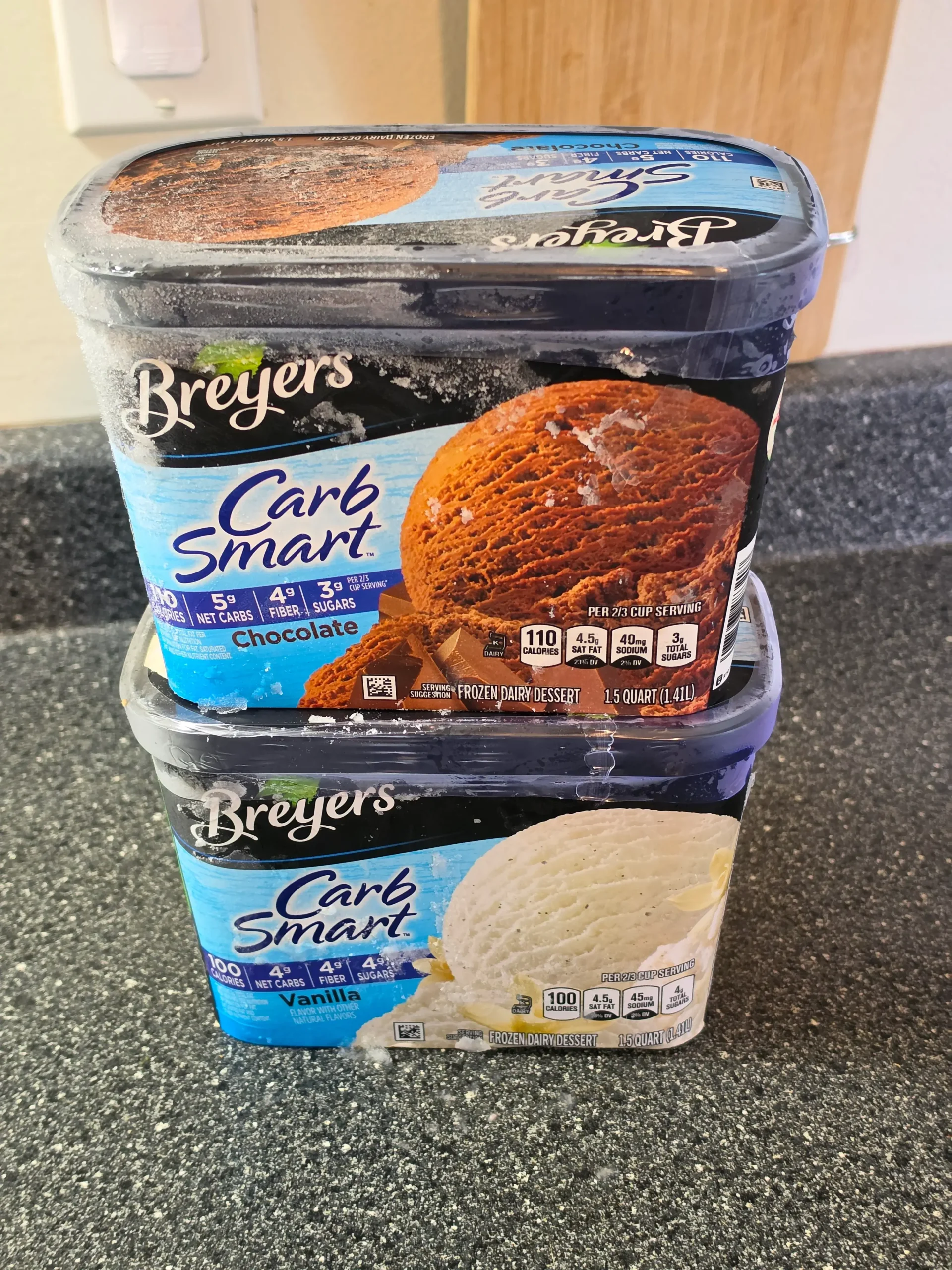 Breyers Carb Smart Mint Fudge Cookie, chocolate, and Vanilla.