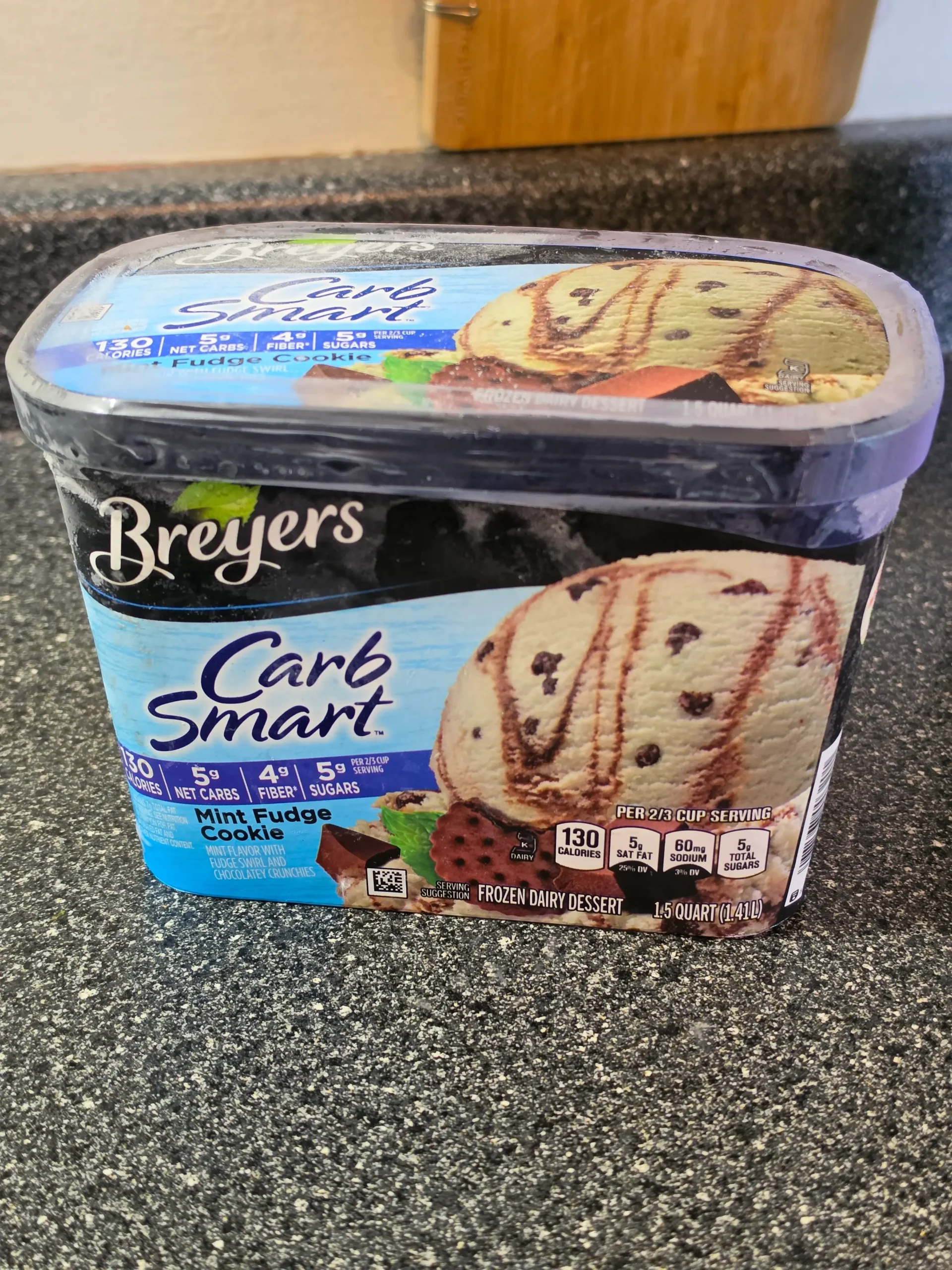 Breyers Carb Smart Mint Fudge Cookie, chocolate, and Vanilla.