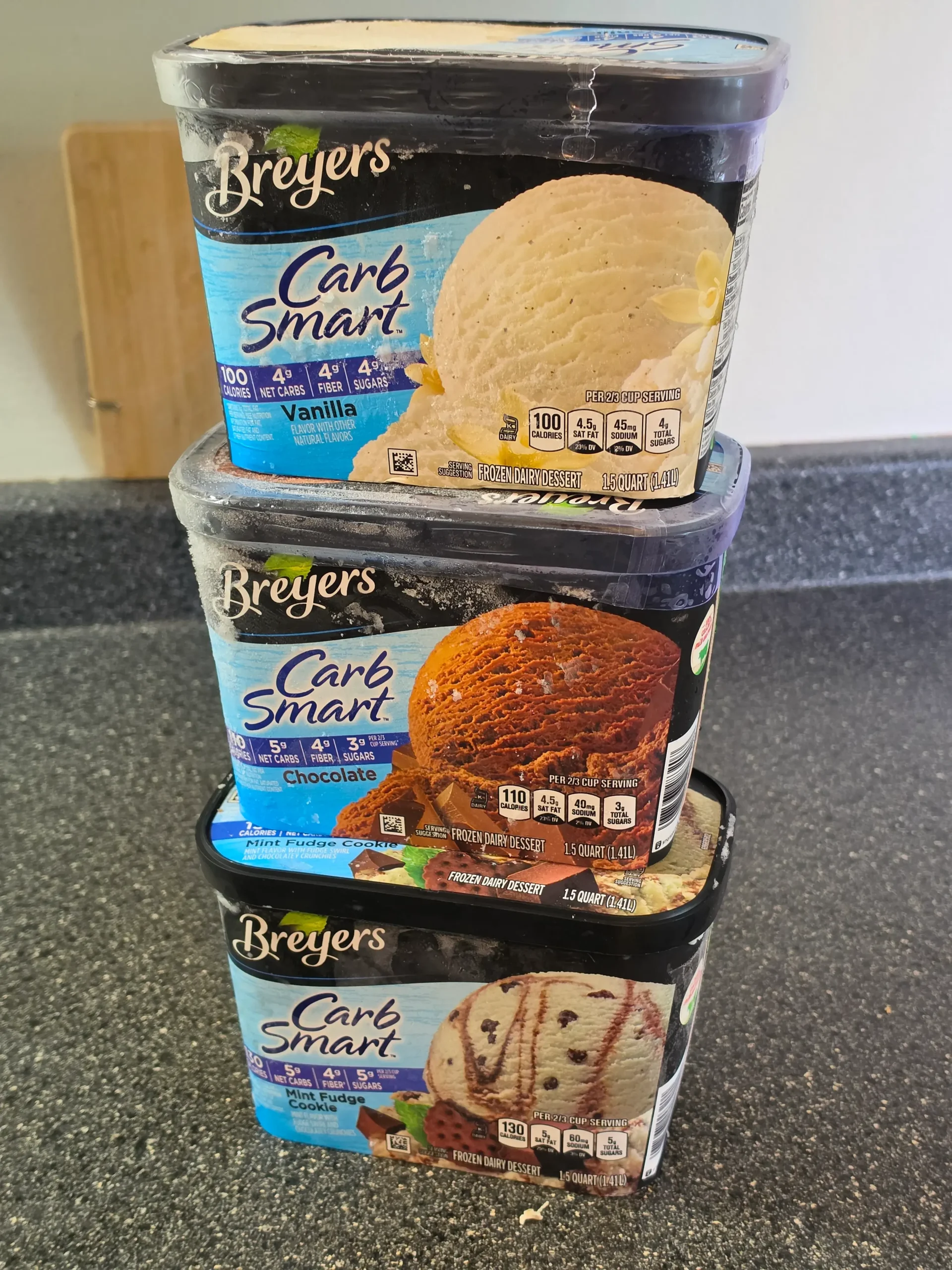 Breyers Carb Smart Mint Fudge Cookie, chocolate, and Vanilla.